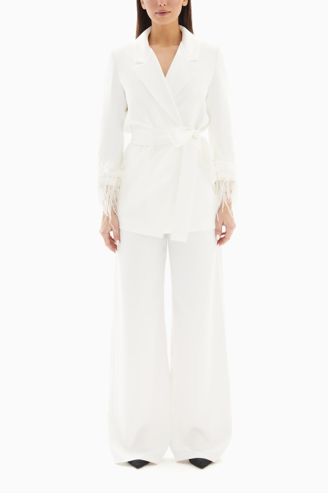 White Set of Feathered Blazer Jacket and Trousers By WECRE8