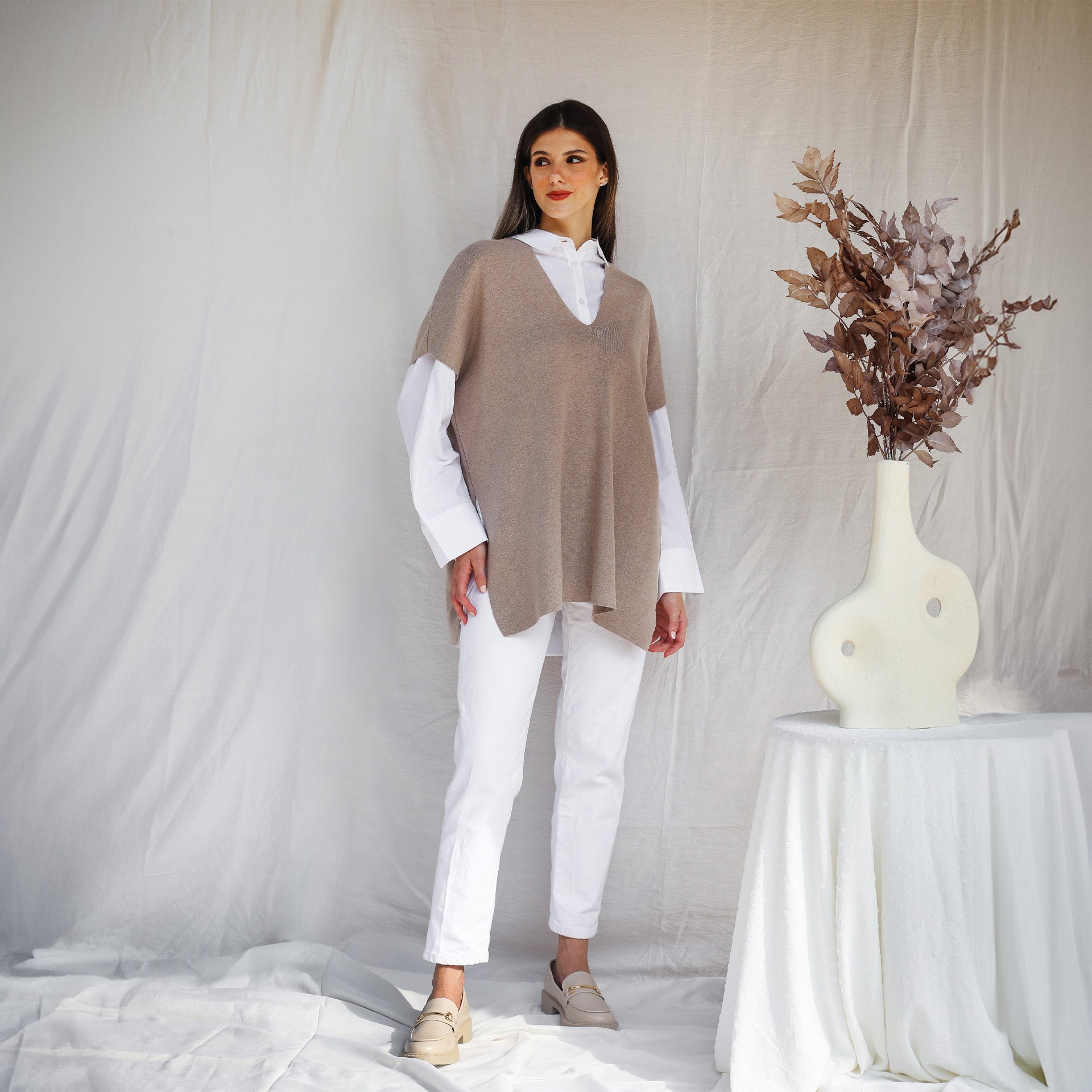 Free Size Beige Basic Knit Pullover - Camicie