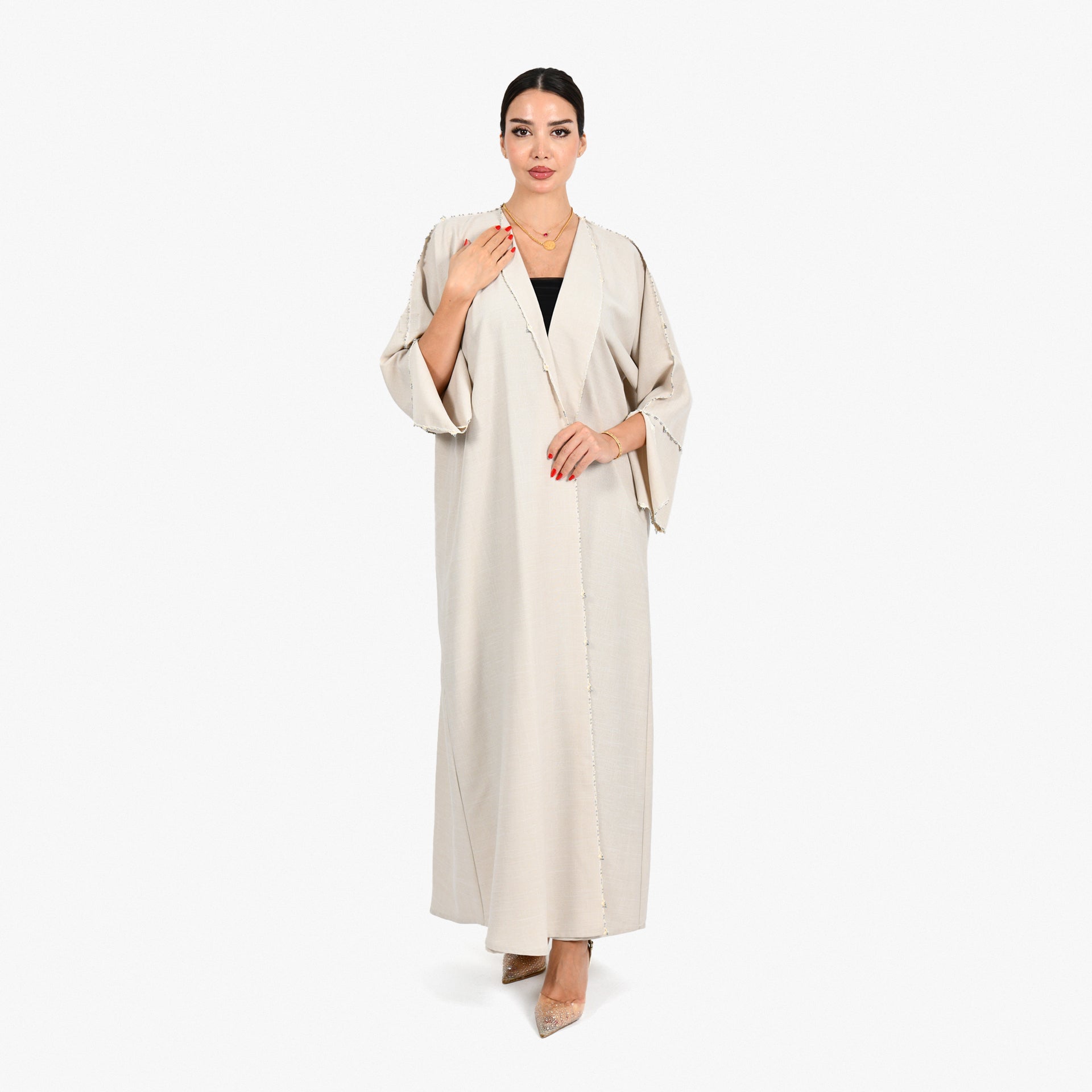 Beige Abaya with Hand Embroidery and Beige Tarha by Shmokh Abaya - WECRE8