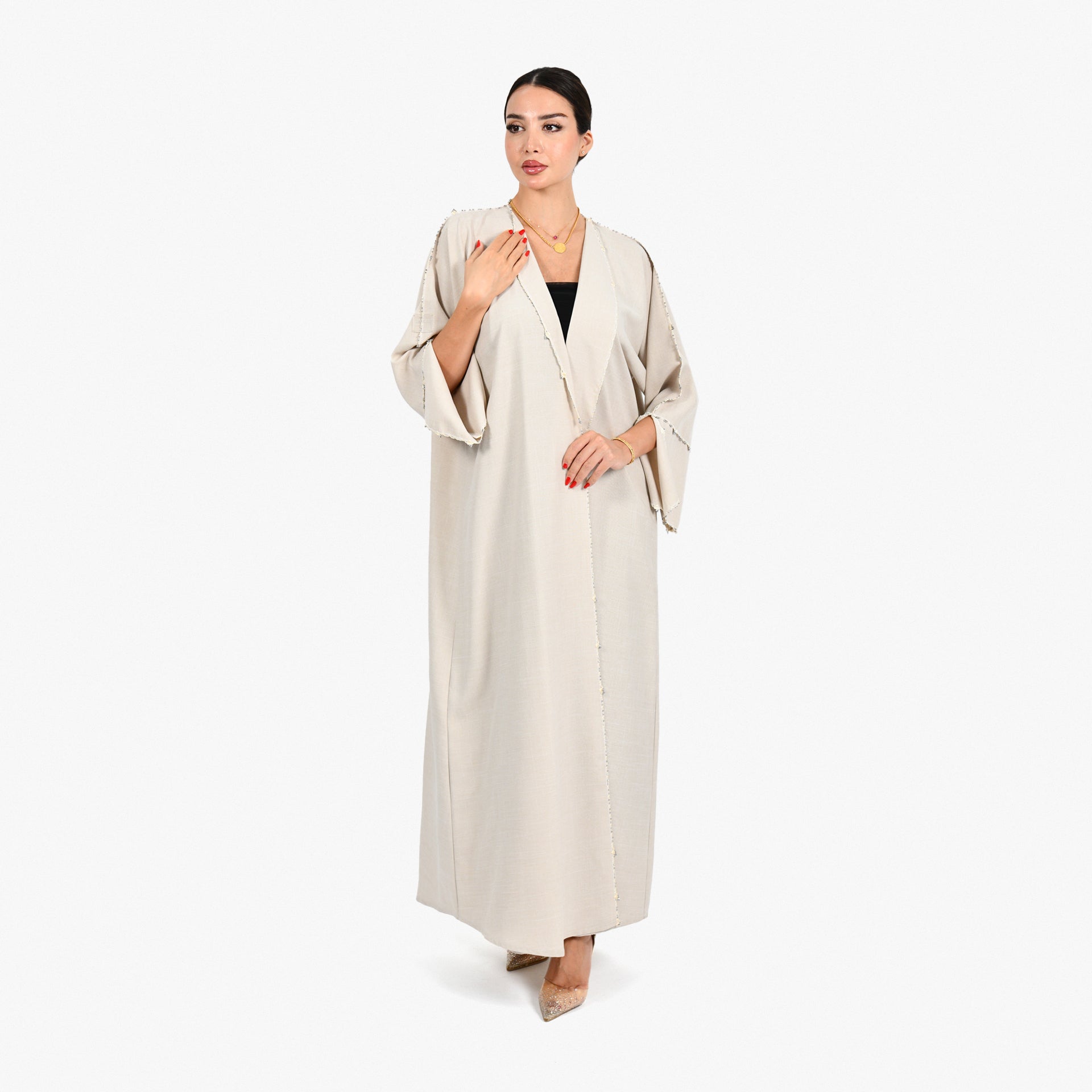 Beige Abaya with Hand Embroidery and Beige Tarha by Shmokh Abaya - WECRE8