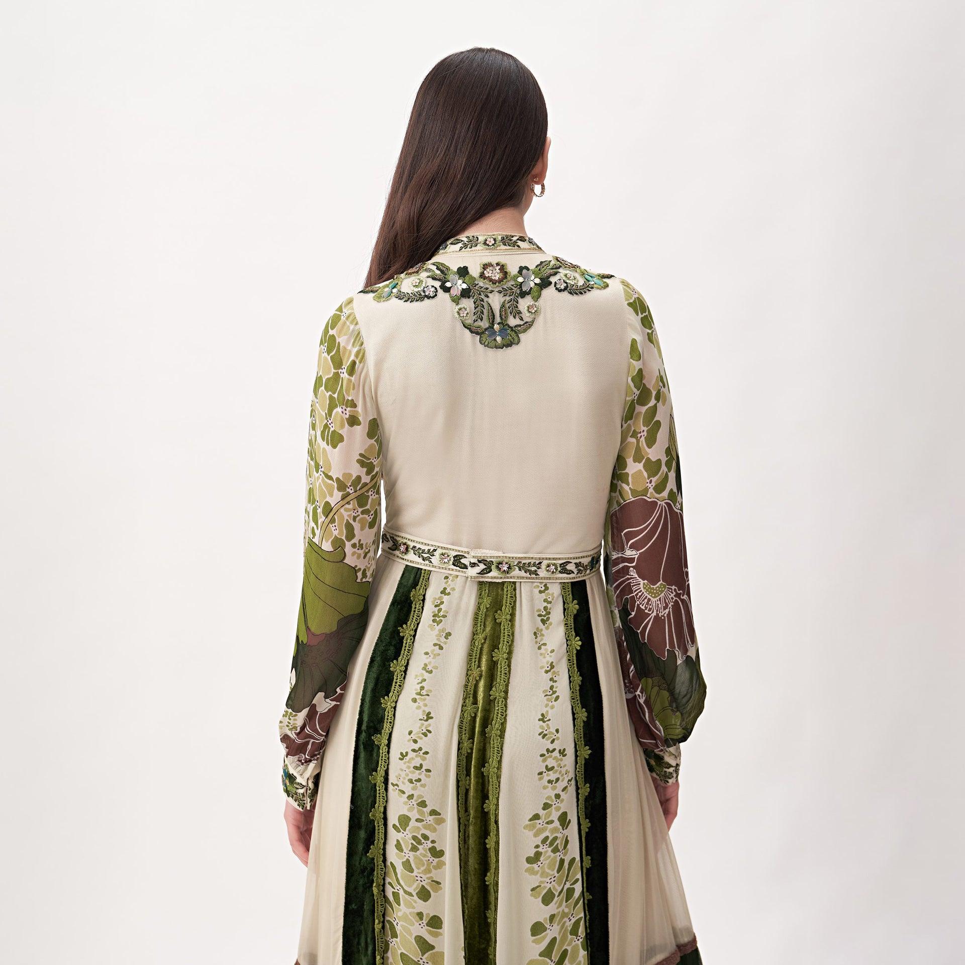 Beige And Olive Green Embroidery Rosetta Dress With Long Sleeves From Shalky - WECRE8