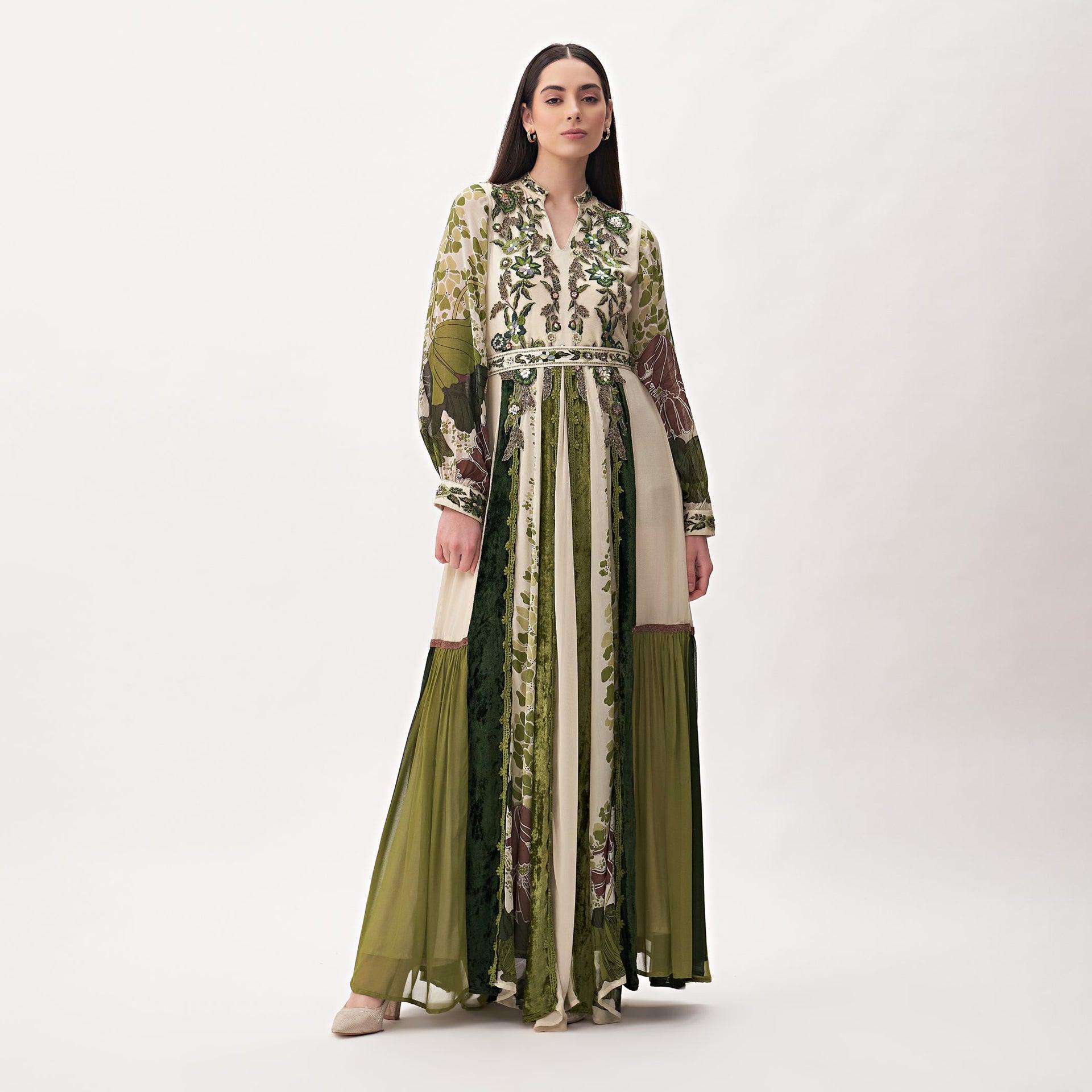 Beige And Olive Green Embroidery Rosetta Dress With Long Sleeves From Shalky - WECRE8