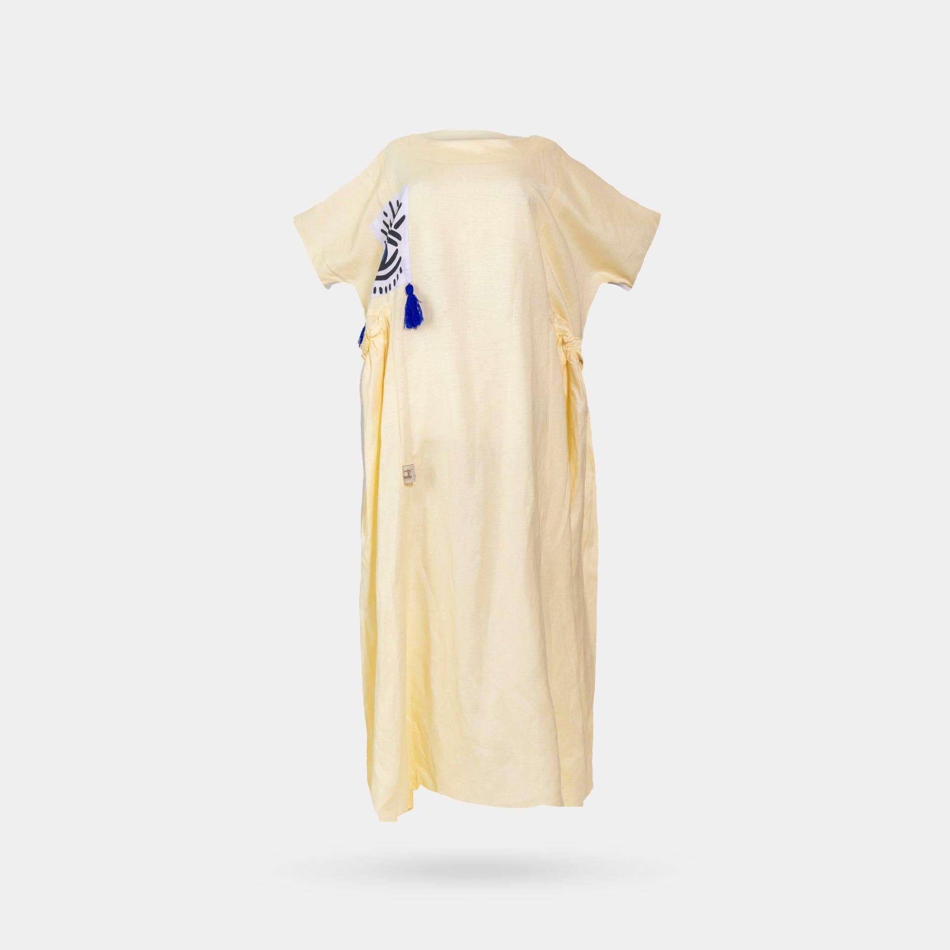 Beige Linen Dress with Short Sleeves with an Eye Logo on the front From Darzah - WECRE8