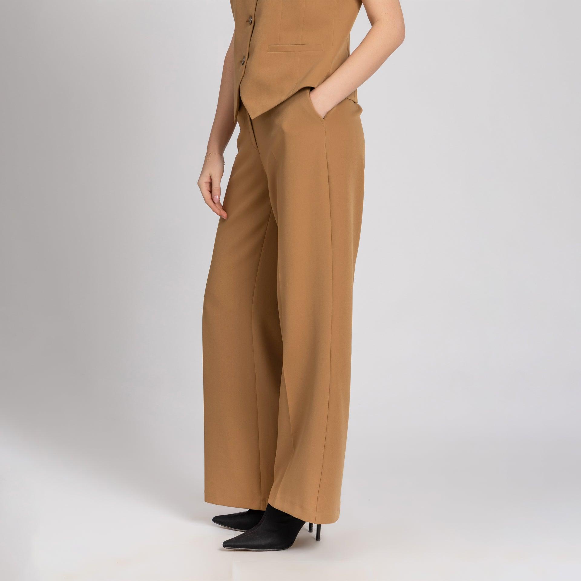 Beige Straight-Cut Formal Crepe Trousers From Elanove - WECRE8