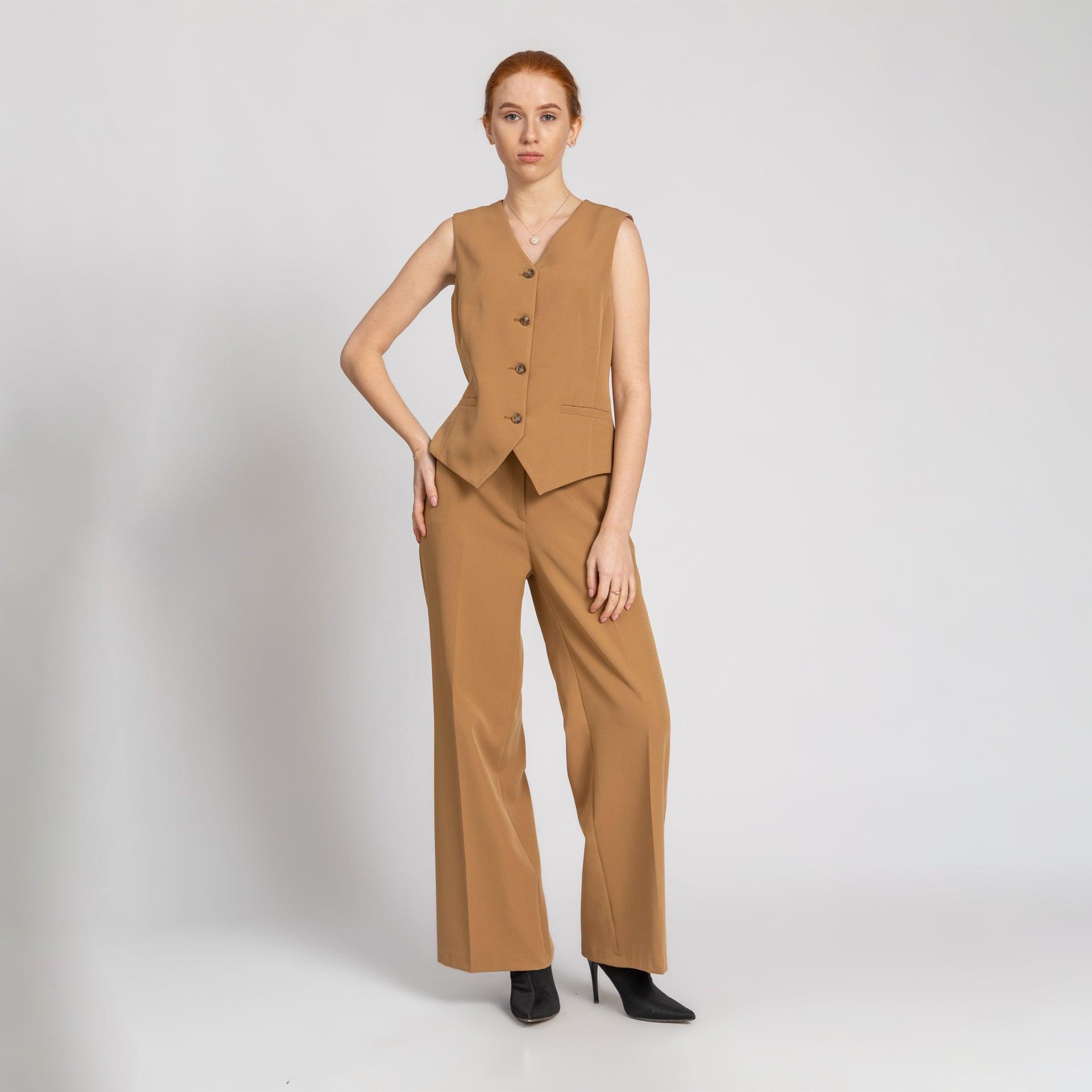 Beige Straight-Cut Formal Crepe Trousers From Elanove - WECRE8