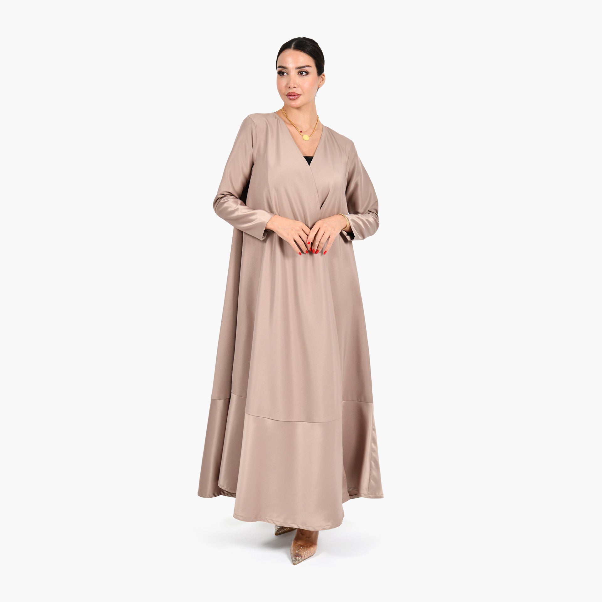 Beige Wide Cloche Abaya with Beige Tarha by Shmokh Abaya - WECRE8