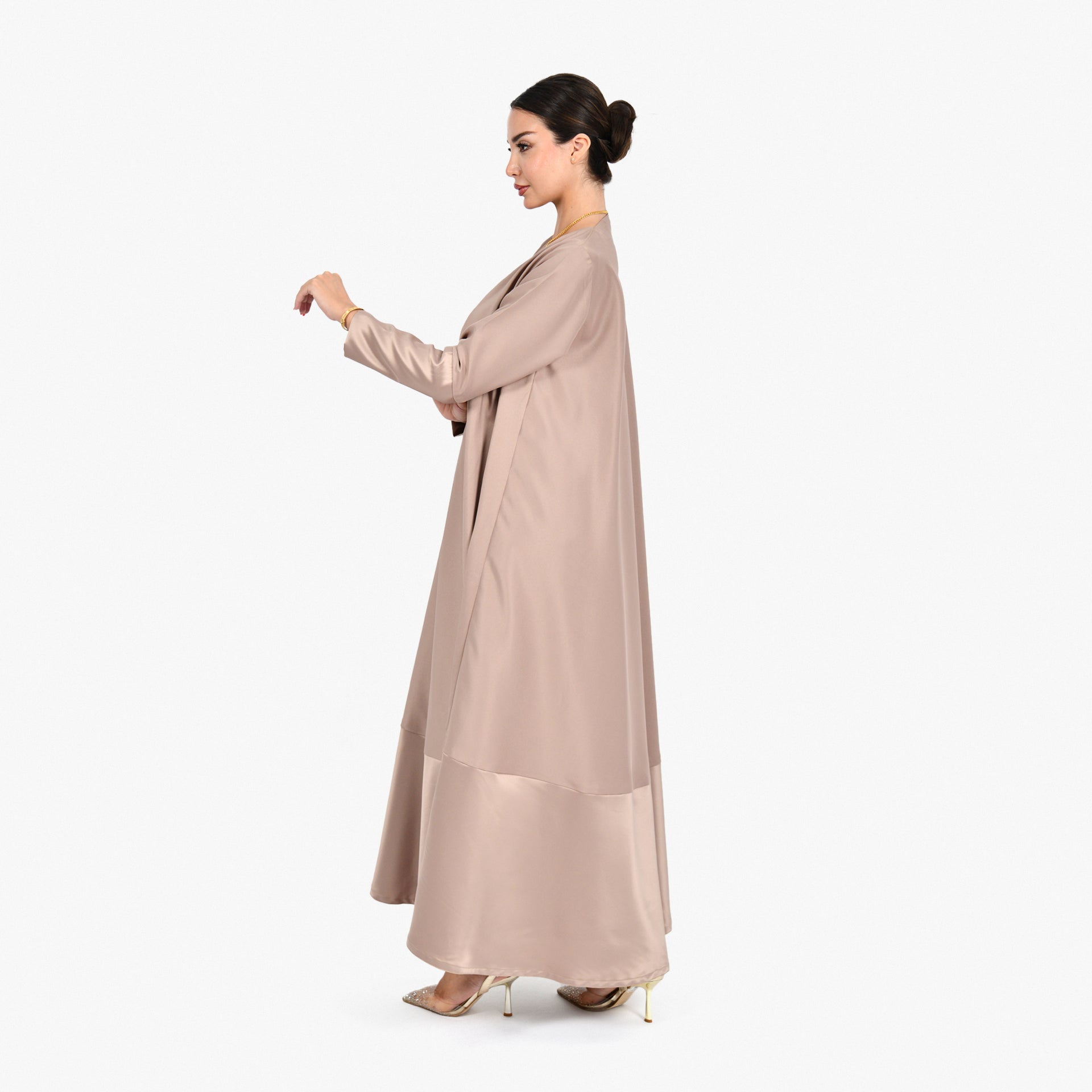 Beige Wide Cloche Abaya with Beige Tarha by Shmokh Abaya - WECRE8