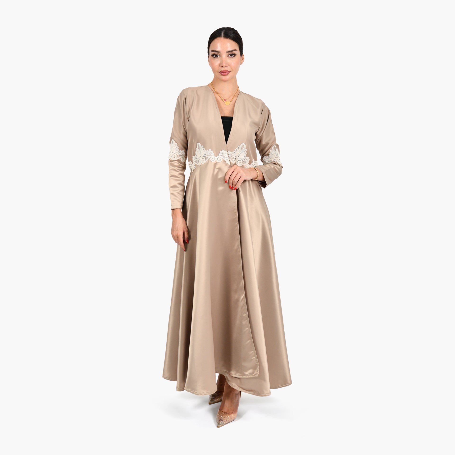 Beige Wide Cloche Lace Abaya with Beige Tarha by Shmokh Abaya - WECRE8