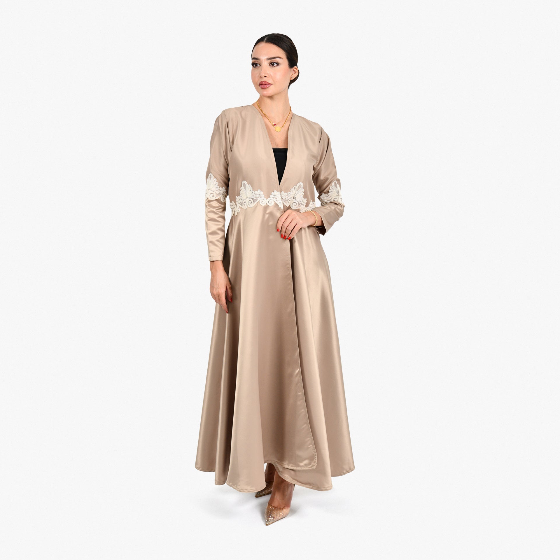 Beige Wide Cloche Lace Abaya with Beige Tarha by Shmokh Abaya - WECRE8