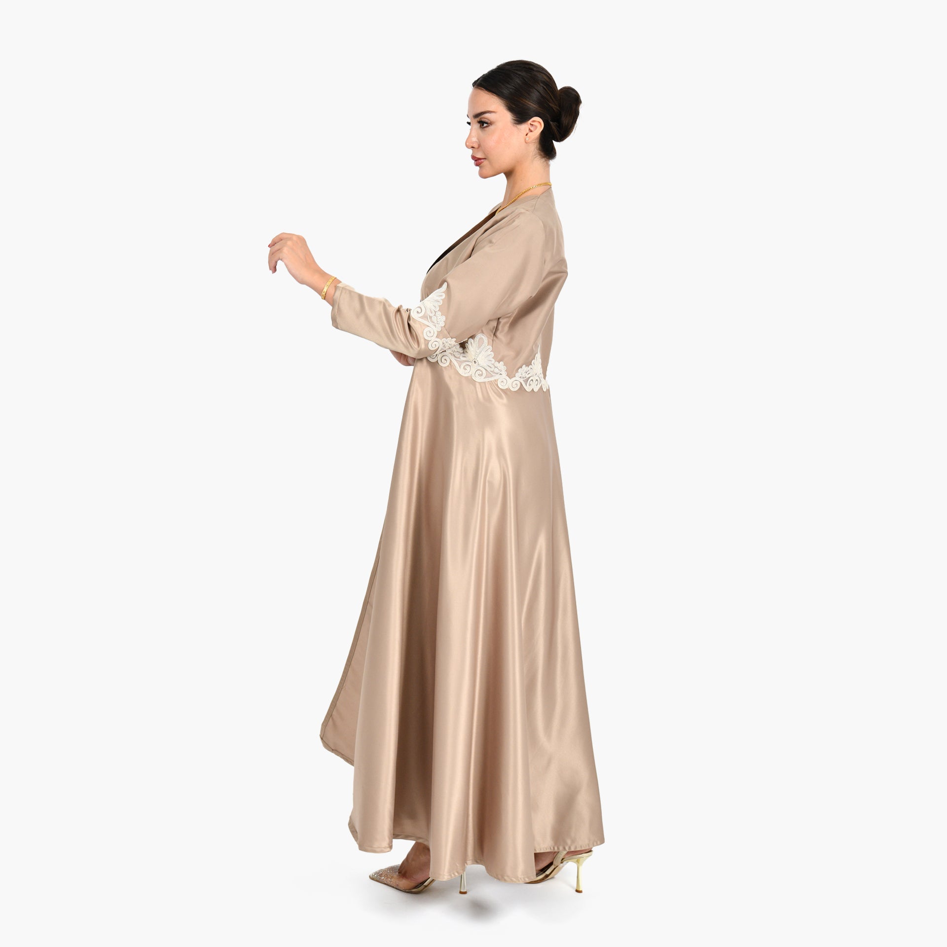 Beige Wide Cloche Lace Abaya with Beige Tarha by Shmokh Abaya - WECRE8