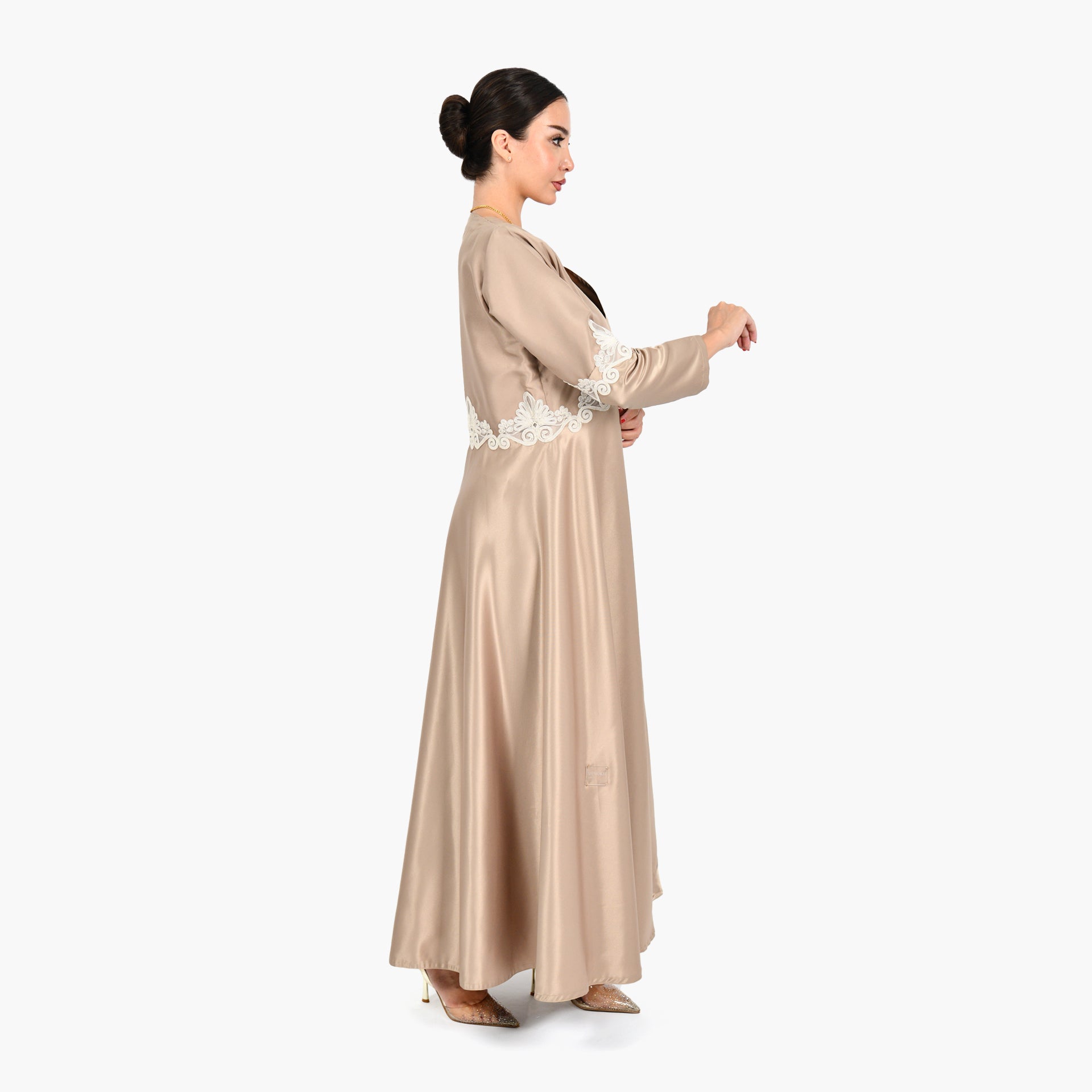 Beige Wide Cloche Lace Abaya with Beige Tarha by Shmokh Abaya - WECRE8