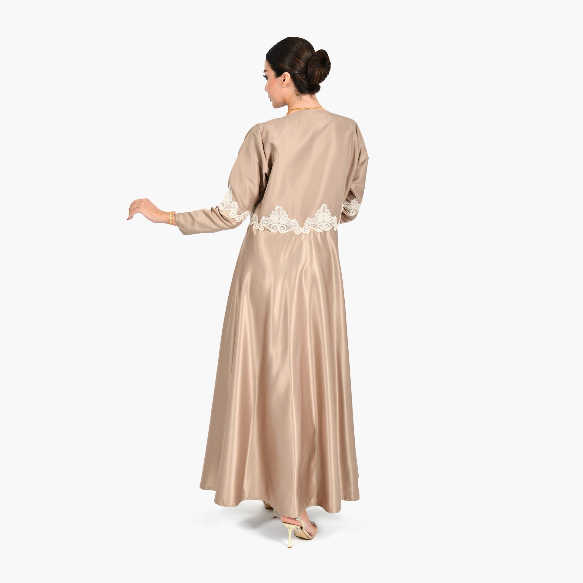 Beige Wide Cloche Lace Abaya with Beige Tarha by Shmokh Abaya - WECRE8