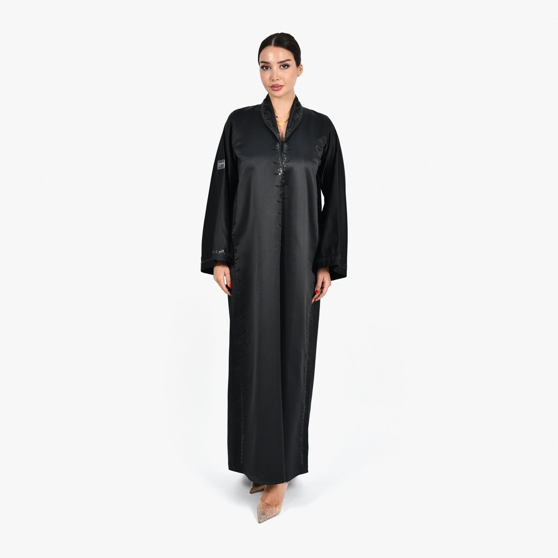 Black Abaya with Black Embroidery and Black Tarha by Shmokh Abaya - WECRE8