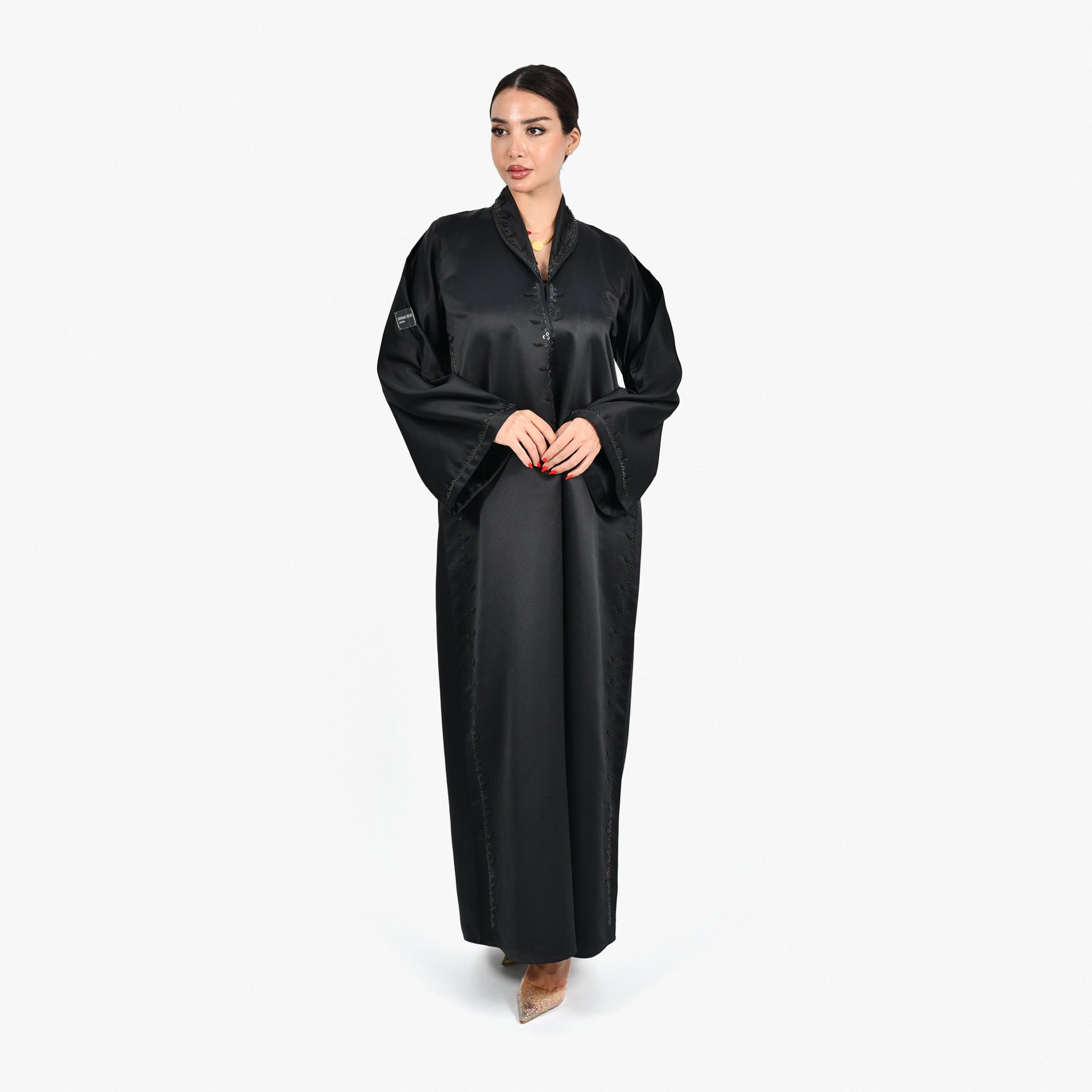 Black Abaya with Black Embroidery and Black Tarha by Shmokh Abaya - WECRE8