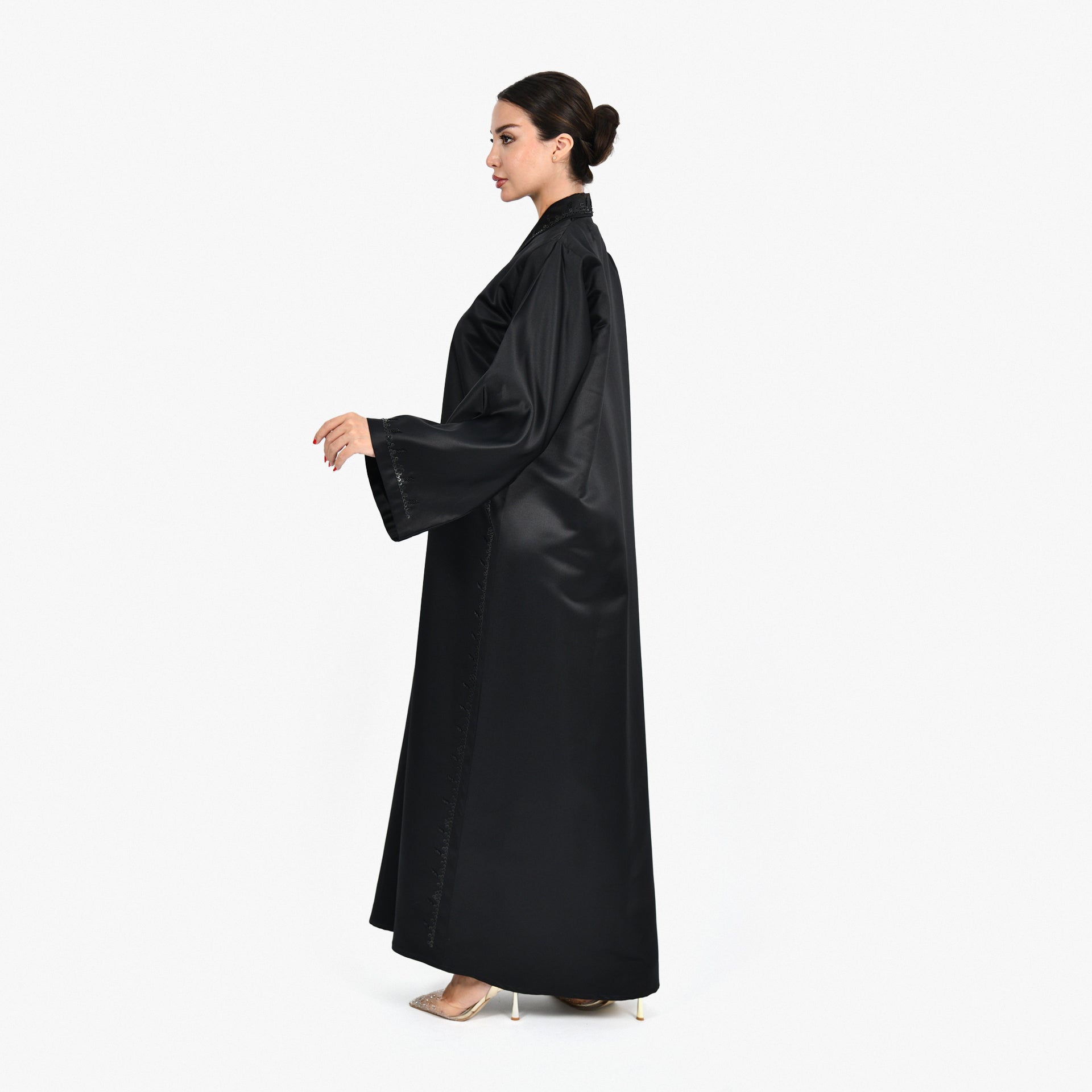 Black Abaya with Black Embroidery and Black Tarha by Shmokh Abaya - WECRE8