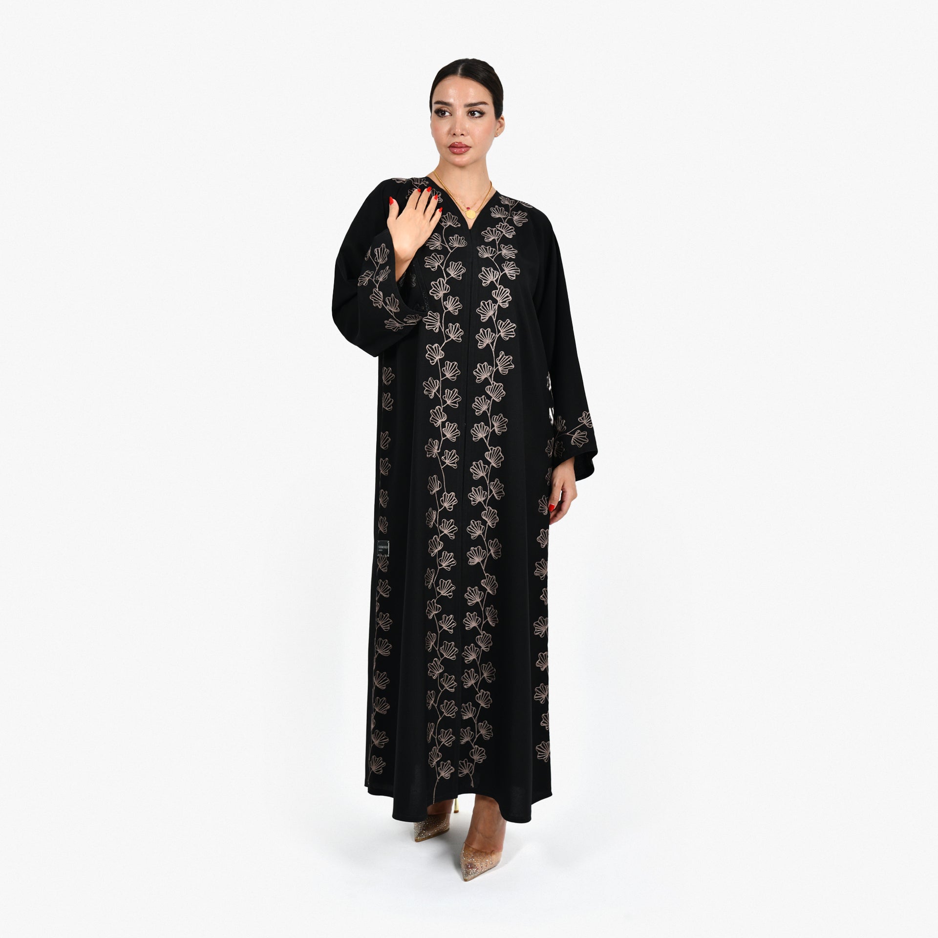 Black Abaya with Brown floral Embroidery and Black Tarha by Shmokh Abaya - WECRE8