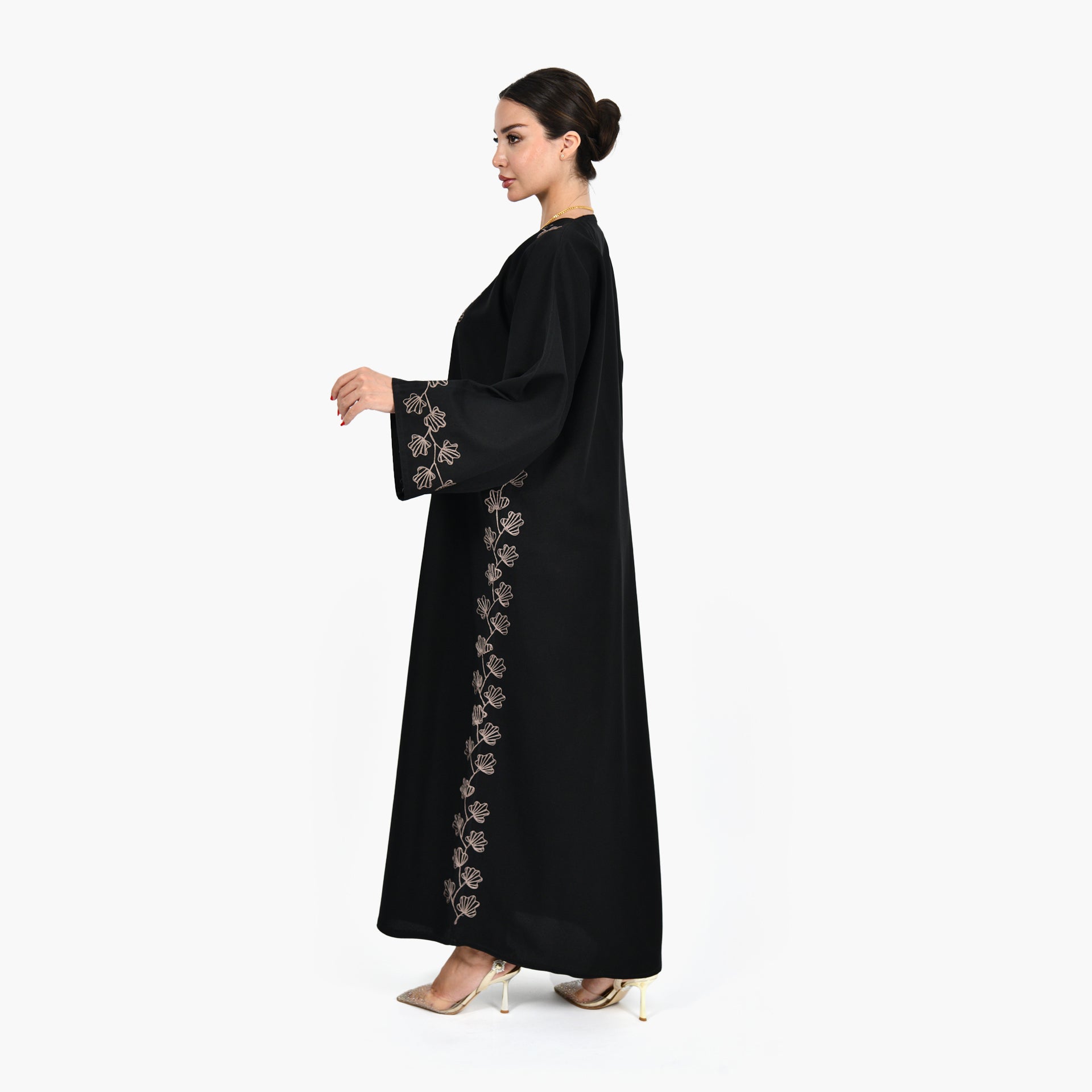 Black Abaya with Brown floral Embroidery and Black Tarha by Shmokh Abaya - WECRE8