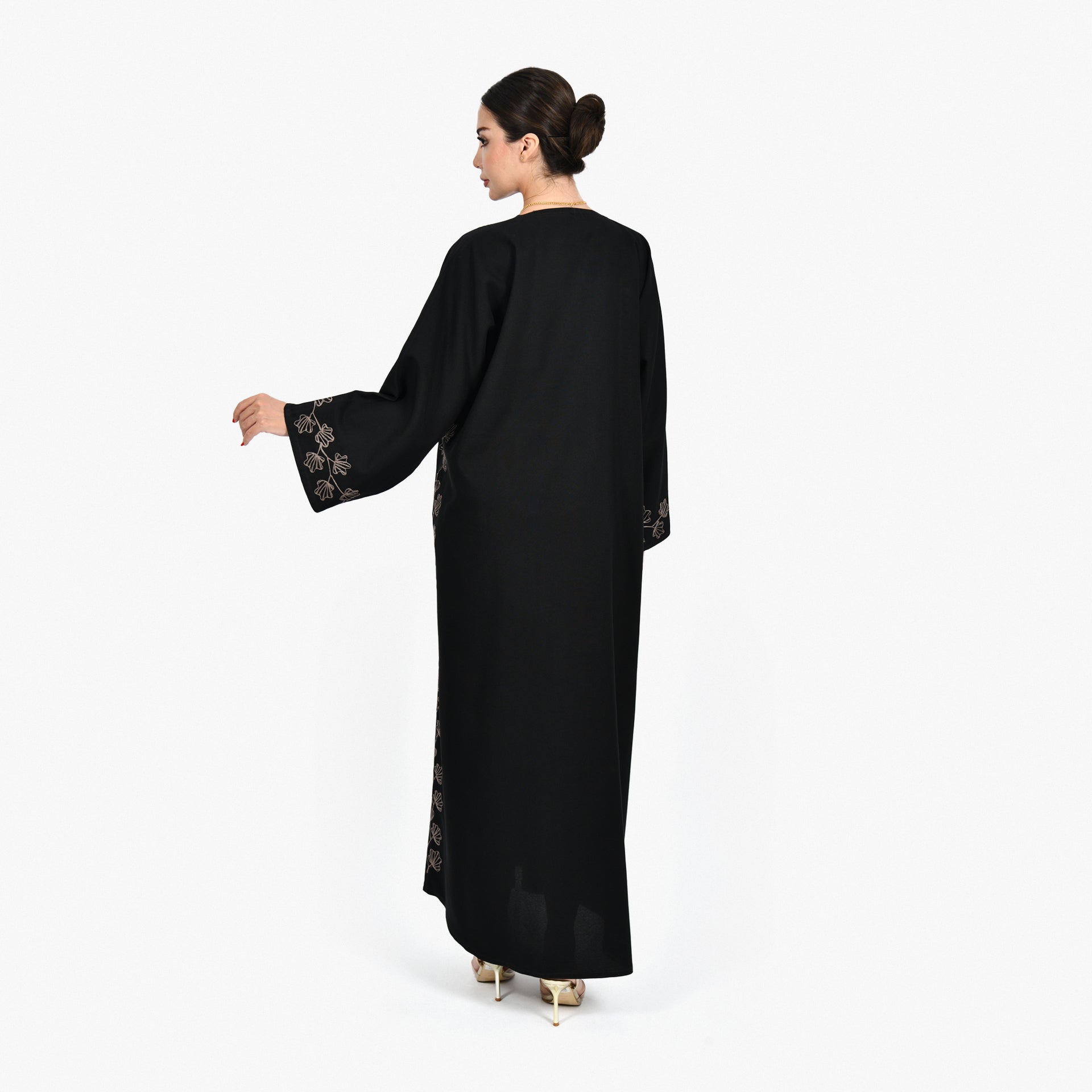 Black Abaya with Brown floral Embroidery and Black Tarha by Shmokh Abaya - WECRE8