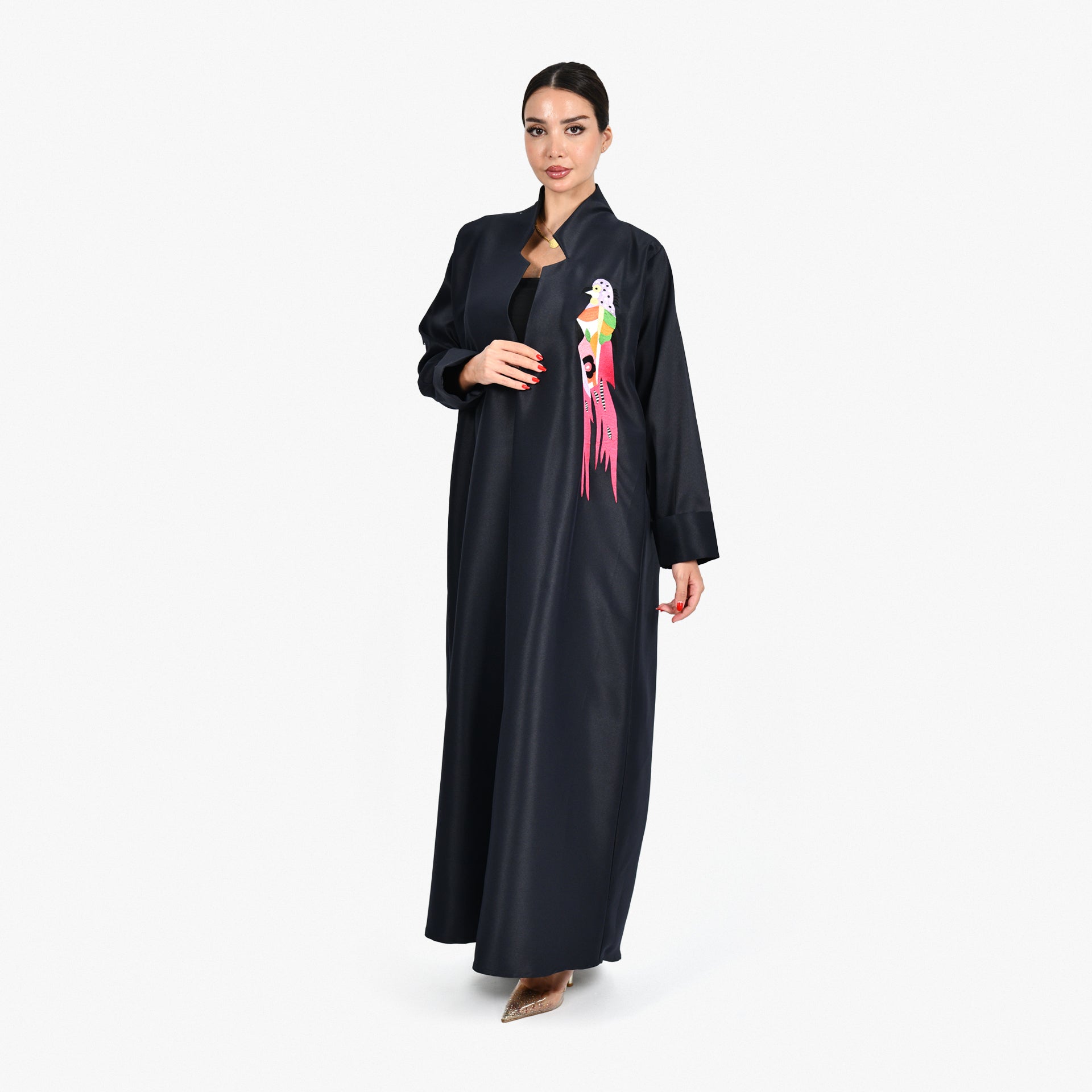 Black Abaya With Colorful Bird Embroidery and Black Tarha by Shmokh Abaya - WECRE8