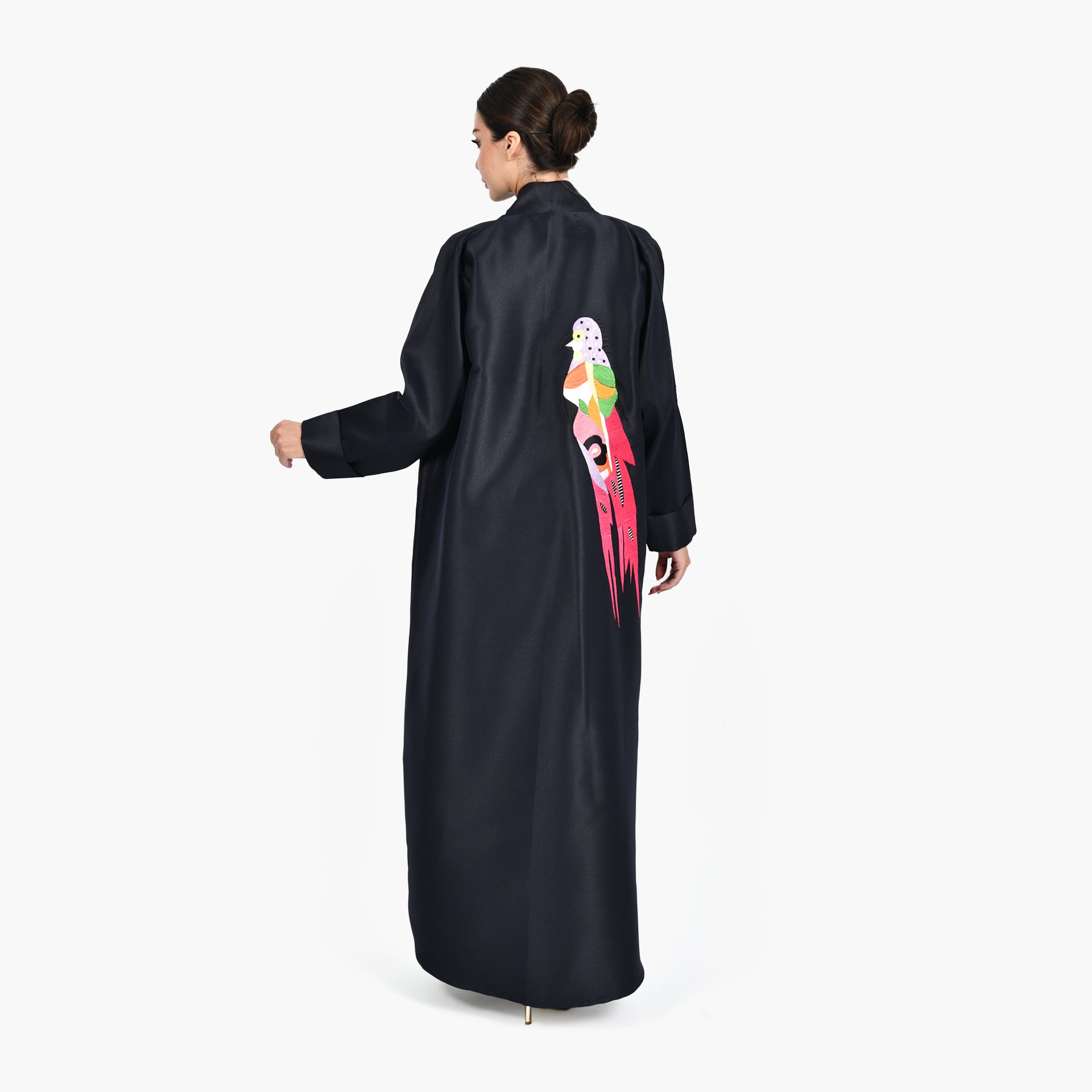 Black Abaya With Colorful Bird Embroidery and Black Tarha by Shmokh Abaya - WECRE8