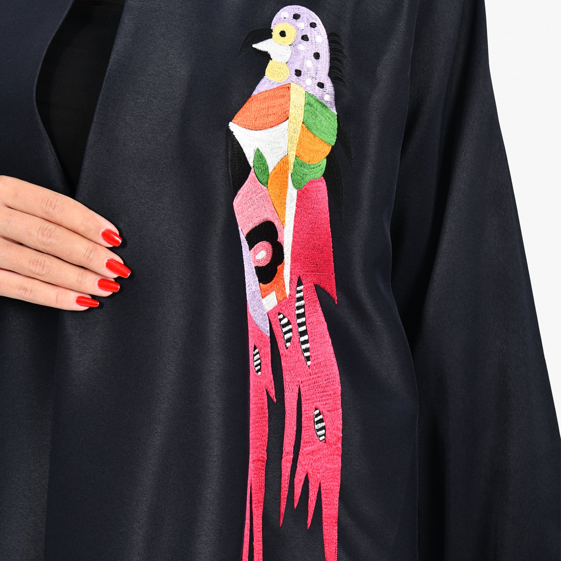 Black Abaya With Colorful Bird Embroidery and Black Tarha by Shmokh Abaya - WECRE8