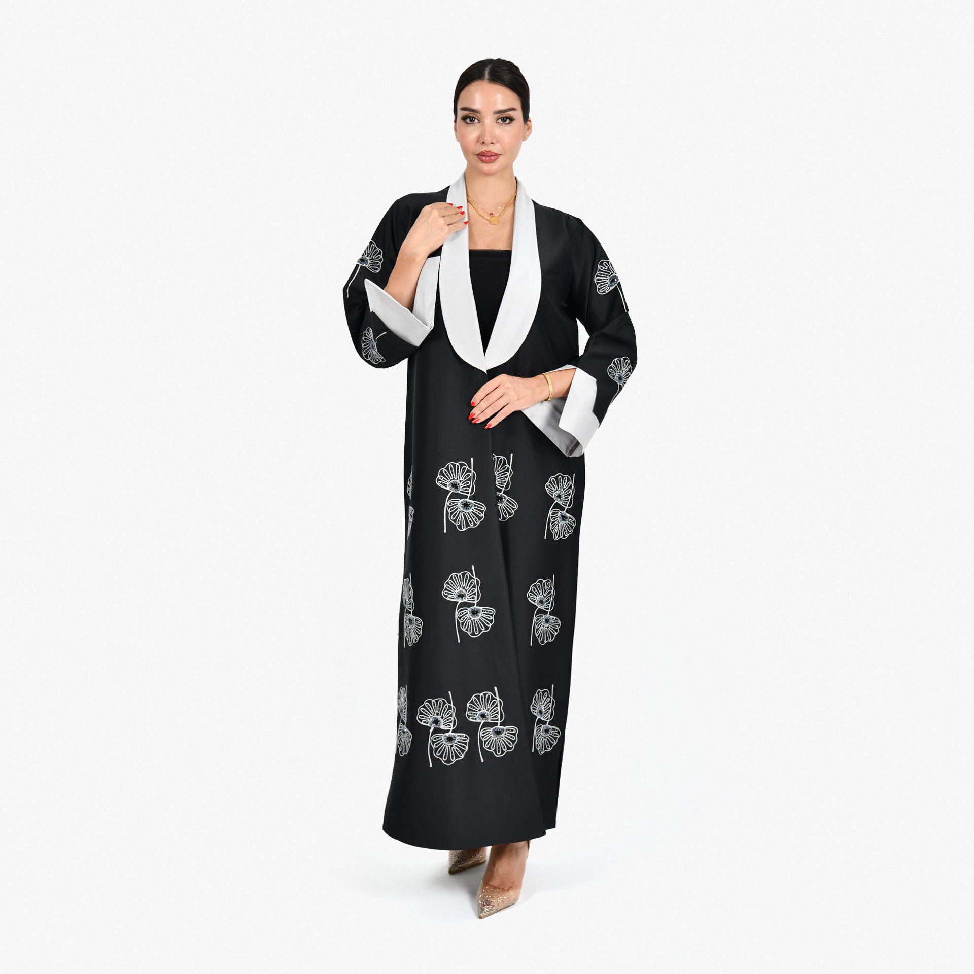 Black Abaya with Gray Embroidery and Gray Tarha by Shmokh Abaya - WECRE8