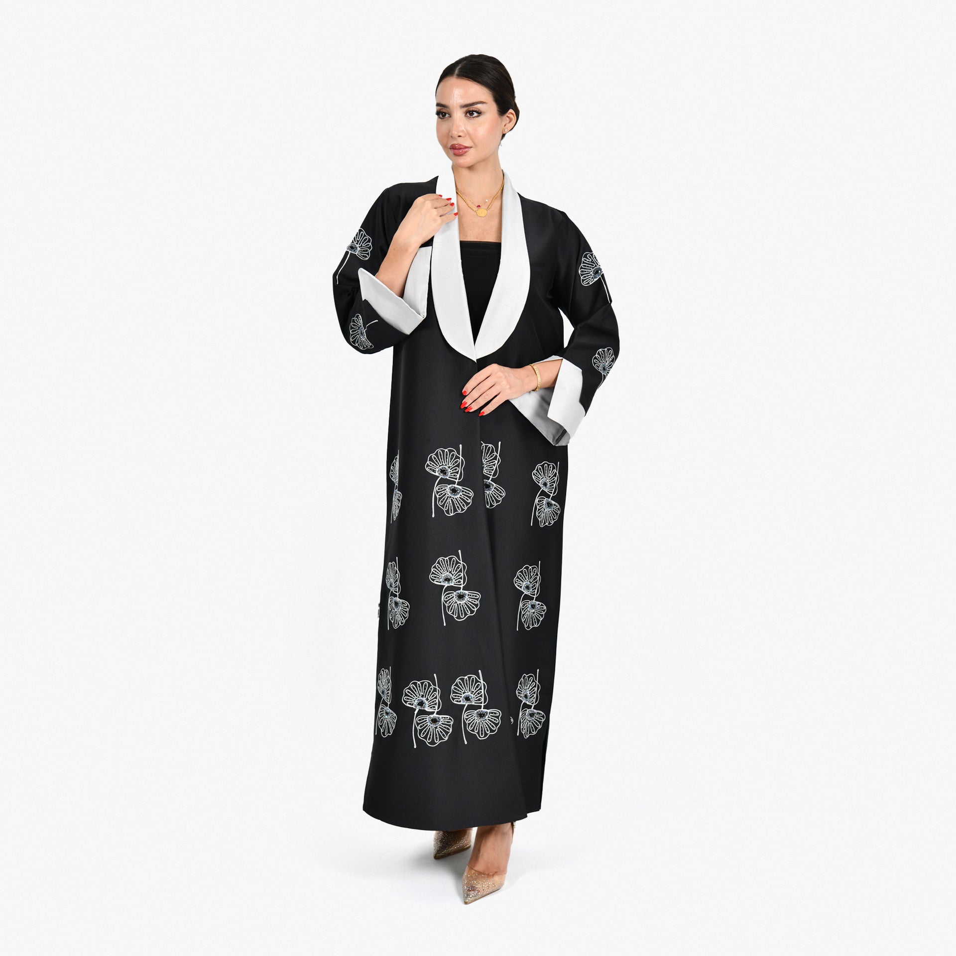 Black Abaya with Gray Embroidery and Gray Tarha by Shmokh Abaya - WECRE8