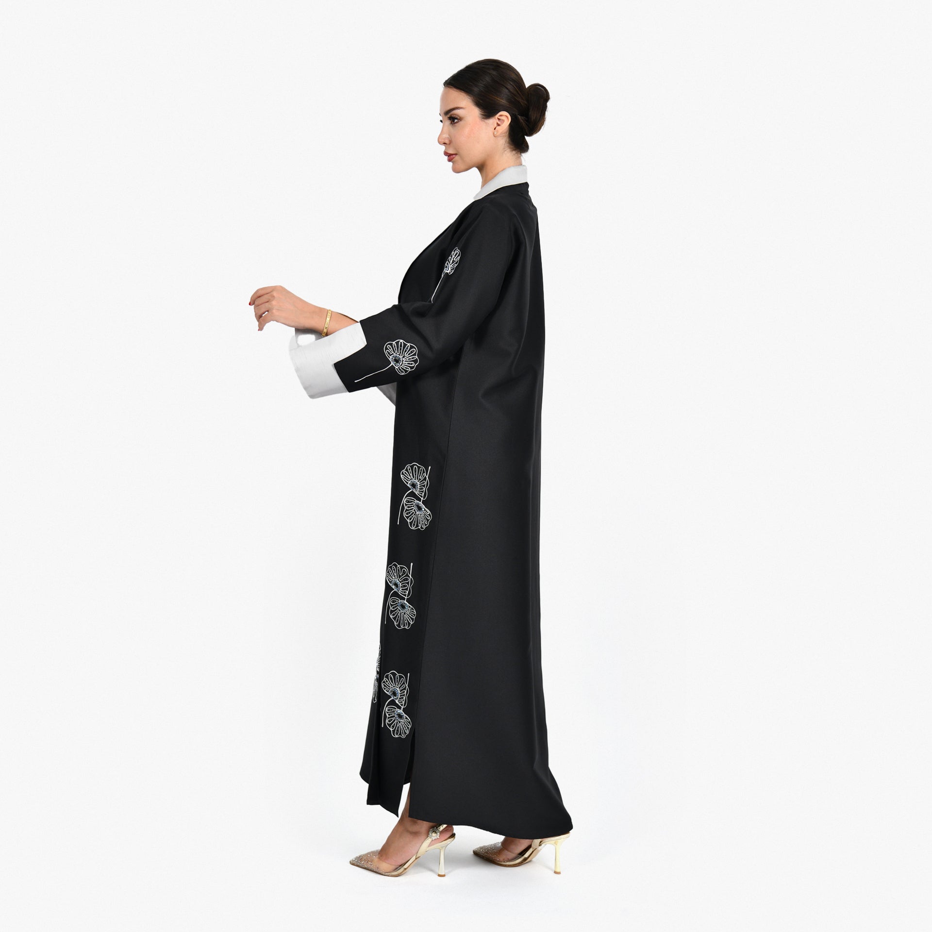 Black Abaya with Gray Embroidery and Gray Tarha by Shmokh Abaya - WECRE8