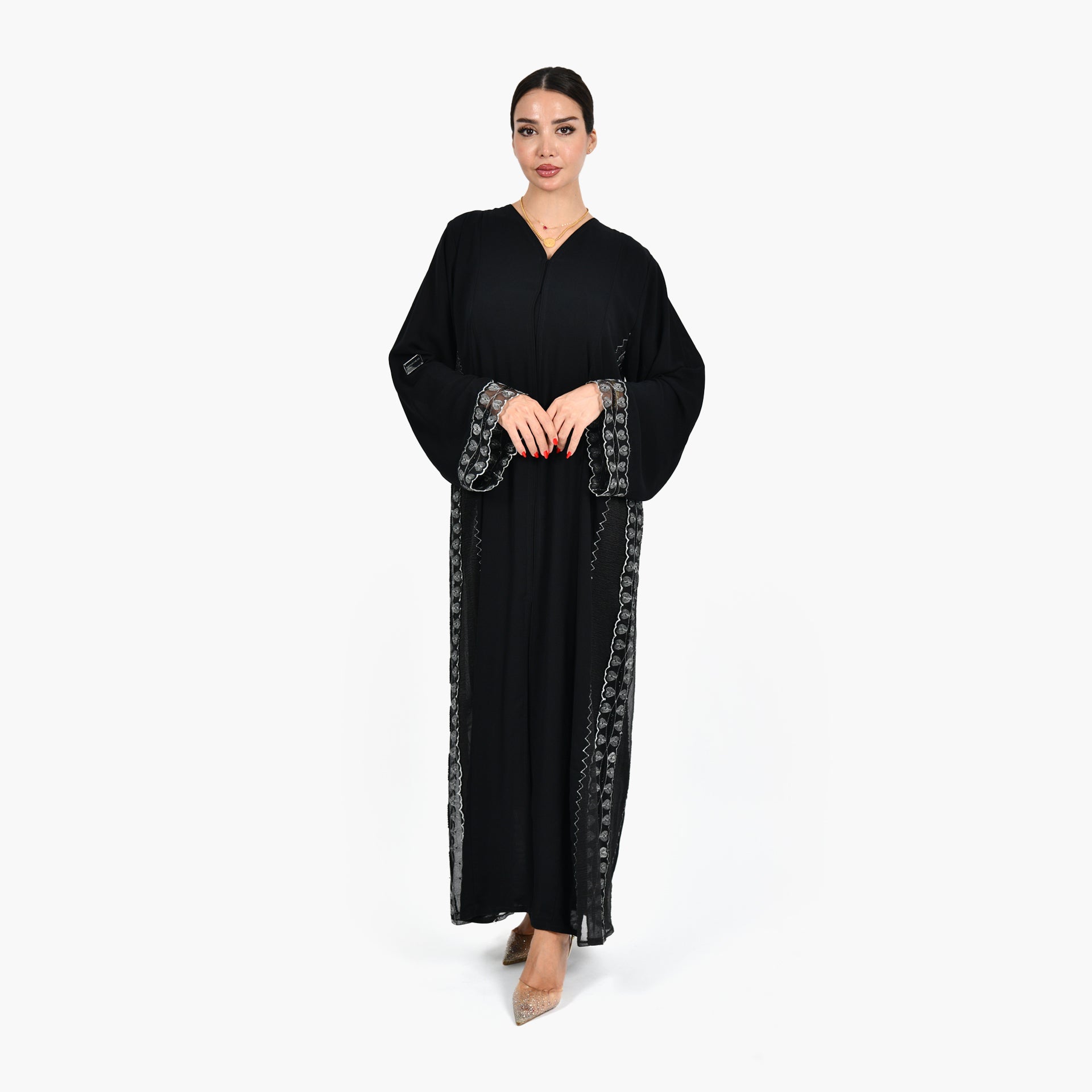 Black Abaya with Silver Embroidery and Black Tarha by Shmokh Abaya - WECRE8