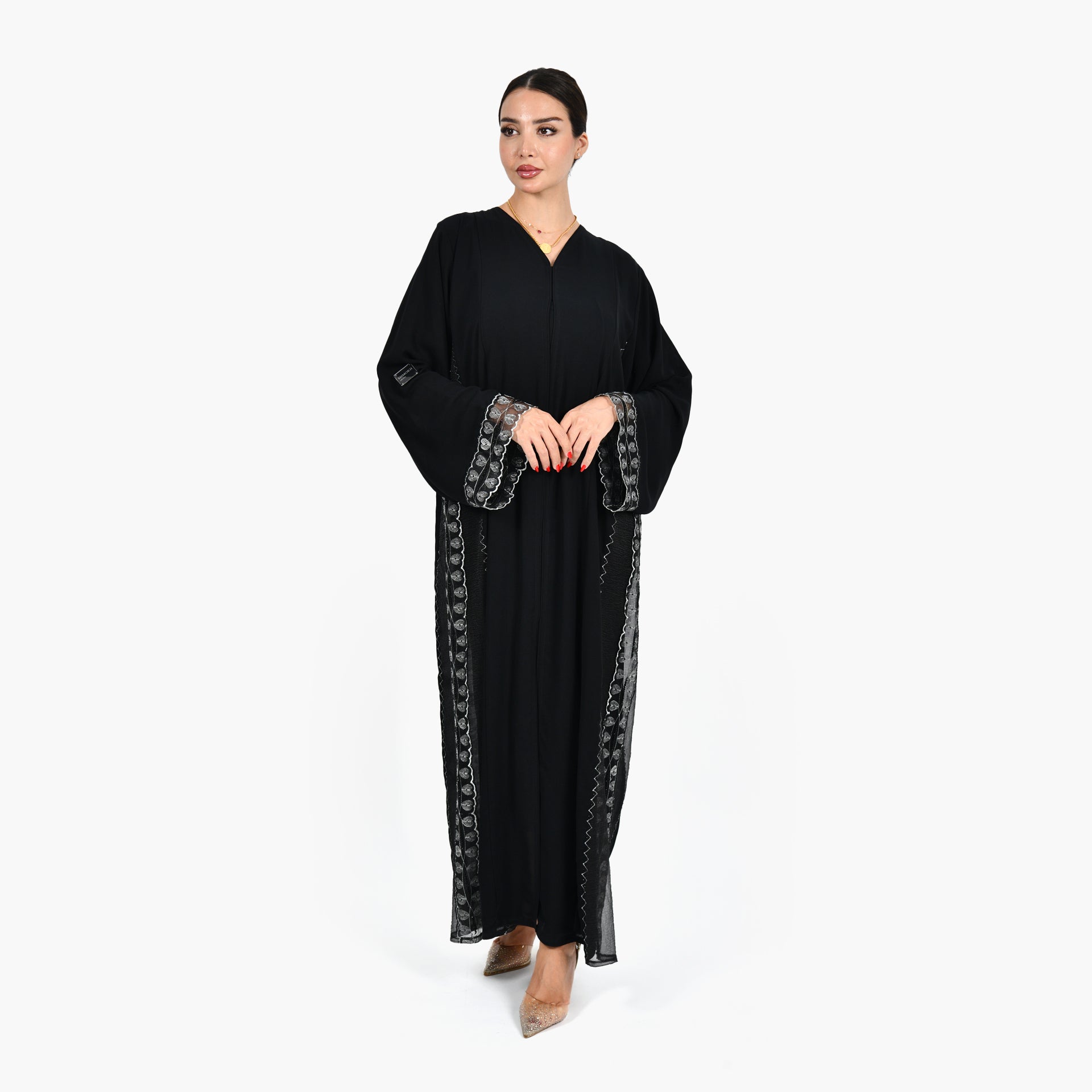 Black Abaya with Silver Embroidery and Black Tarha by Shmokh Abaya - WECRE8