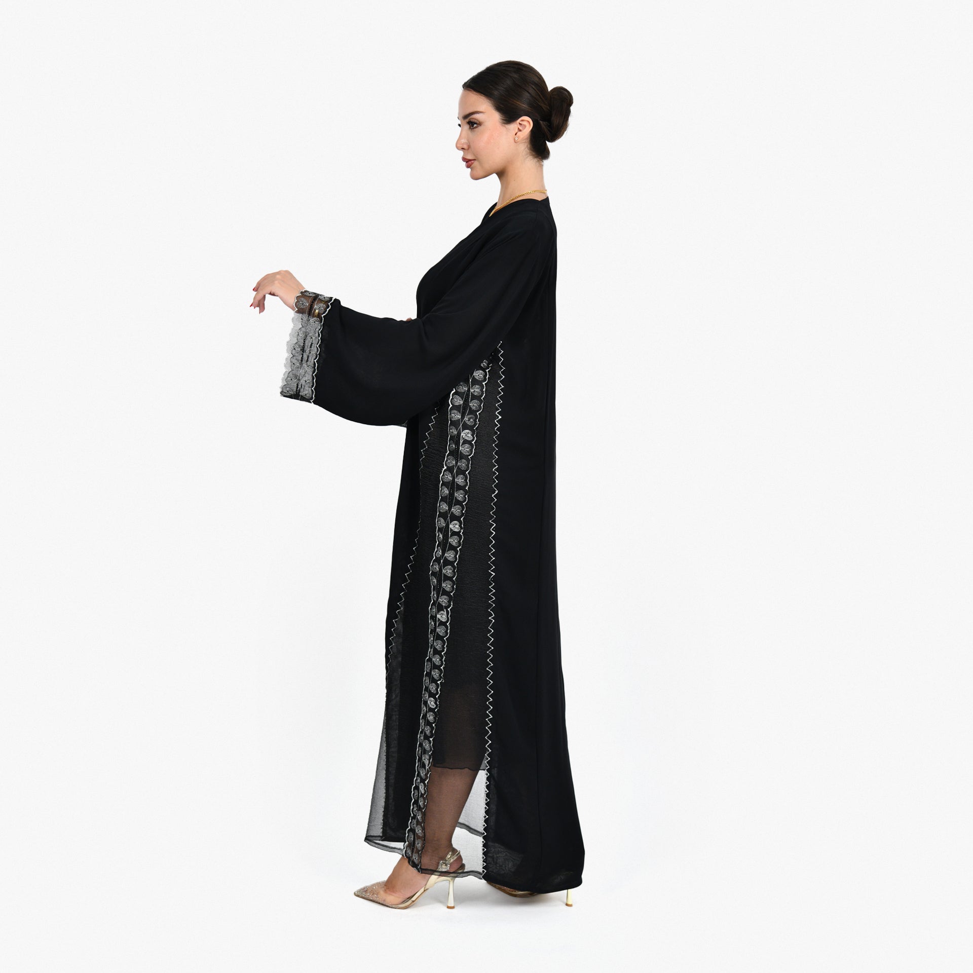 Black Abaya with Silver Embroidery and Black Tarha by Shmokh Abaya - WECRE8