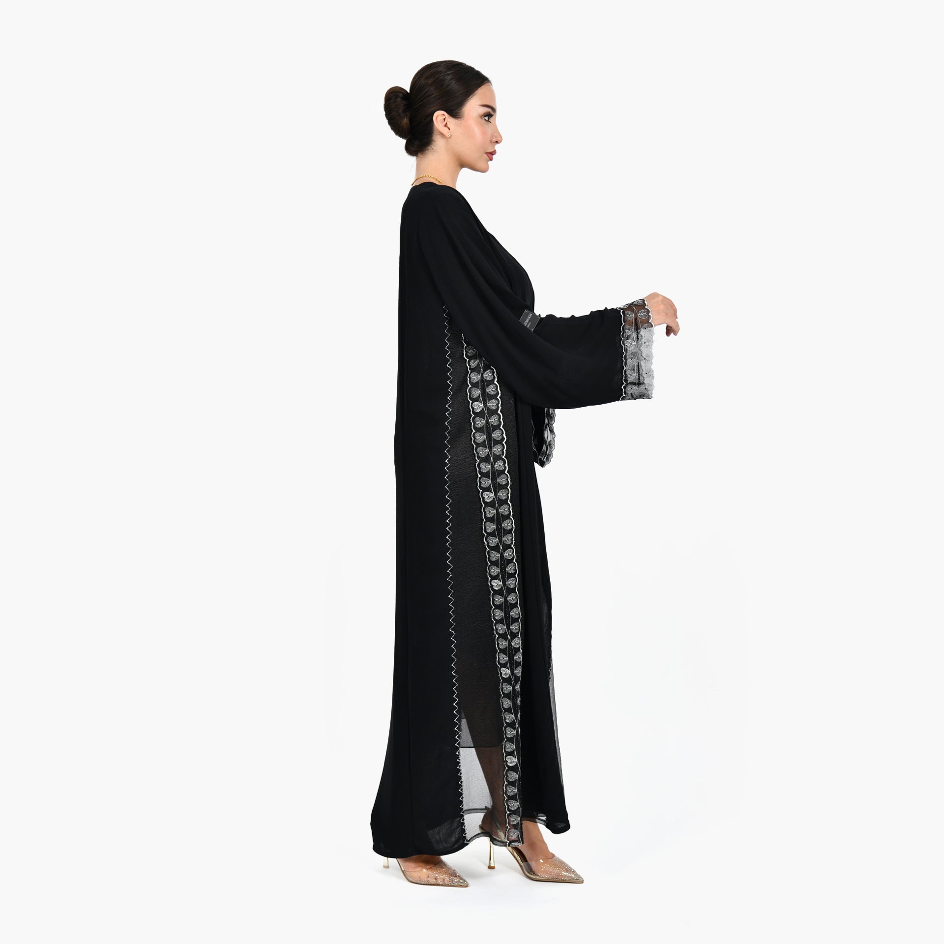 Black Abaya with Silver Embroidery and Black Tarha by Shmokh Abaya - WECRE8