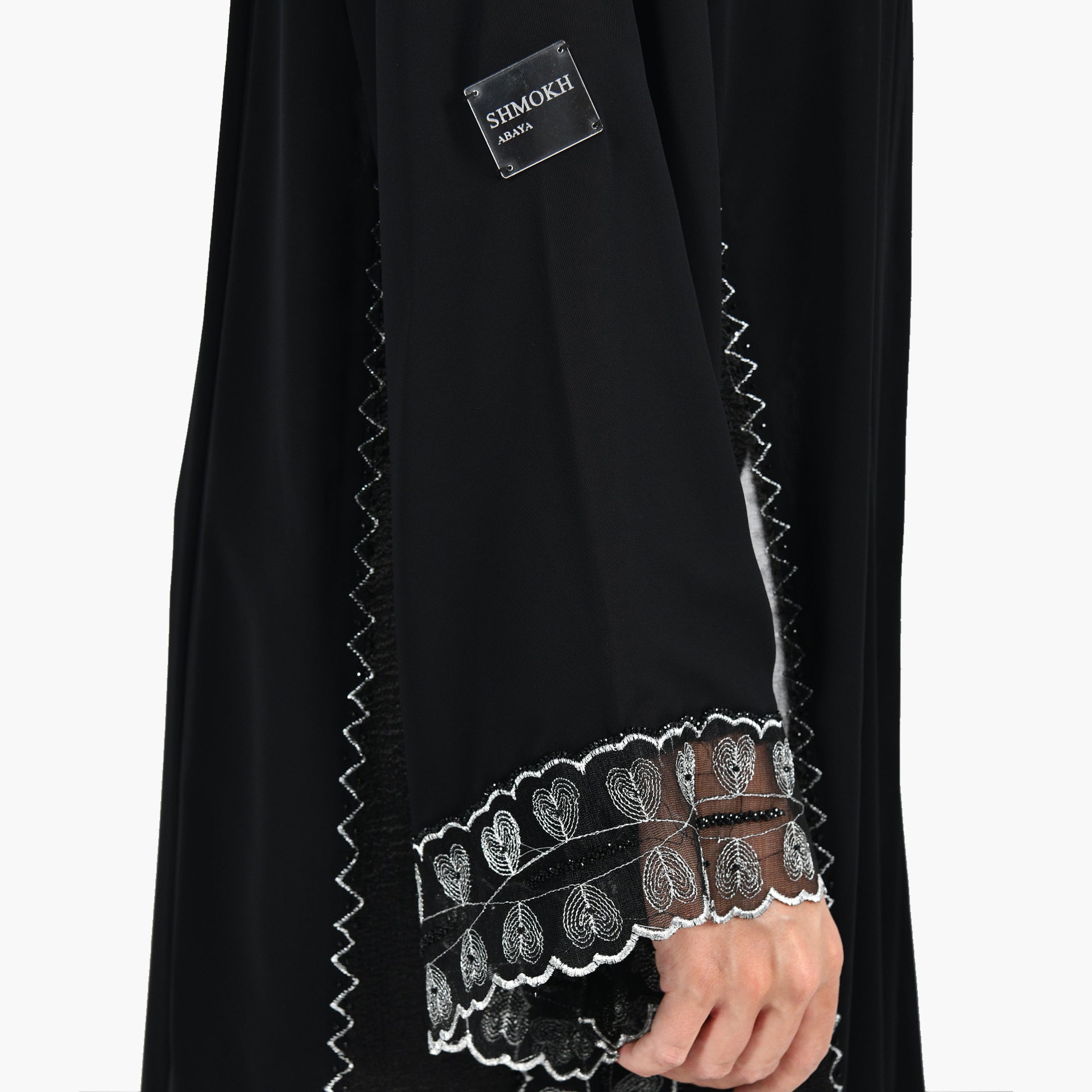 Black Abaya with Silver Embroidery and Black Tarha by Shmokh Abaya - WECRE8