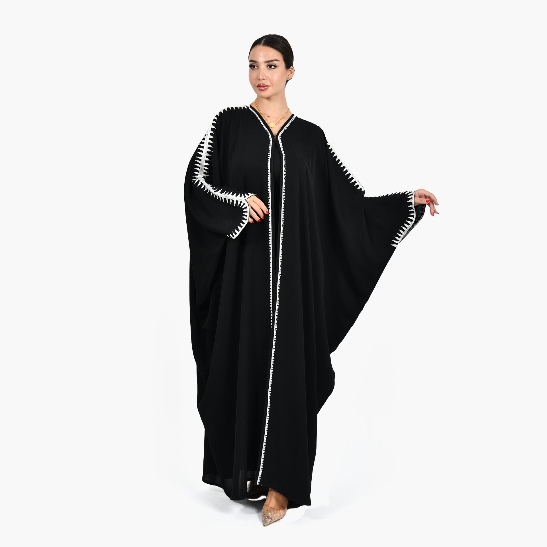 Black Abaya with White Embroidery and Black Tarha by Shmokh Abaya - WECRE8