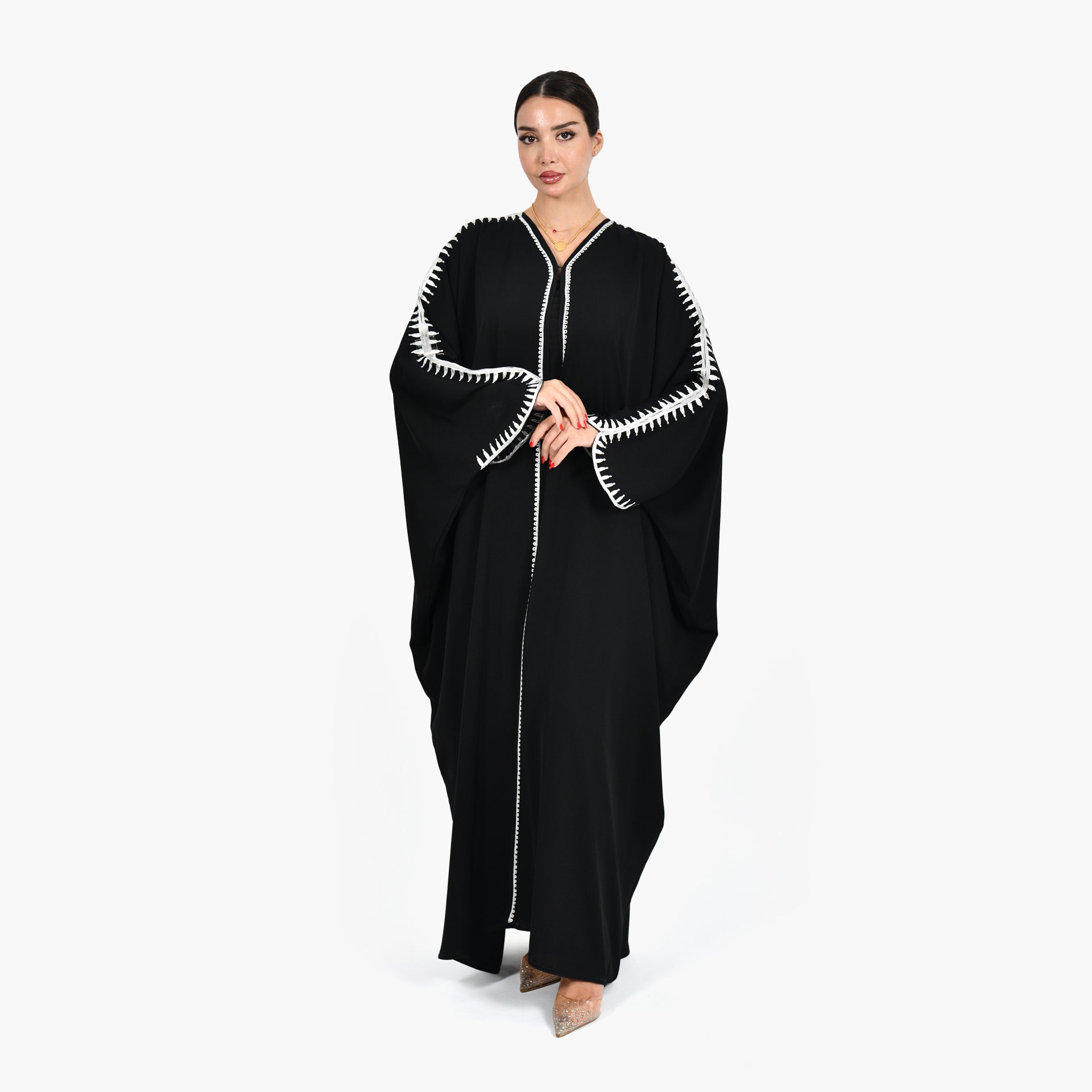 Black Abaya with White Embroidery and Black Tarha by Shmokh Abaya - WECRE8