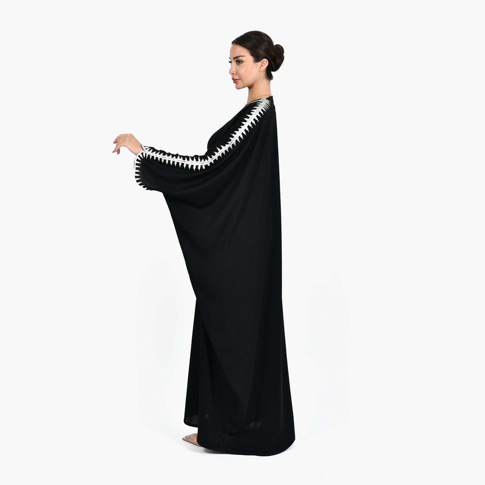 Black Abaya with White Embroidery and Black Tarha by Shmokh Abaya - WECRE8