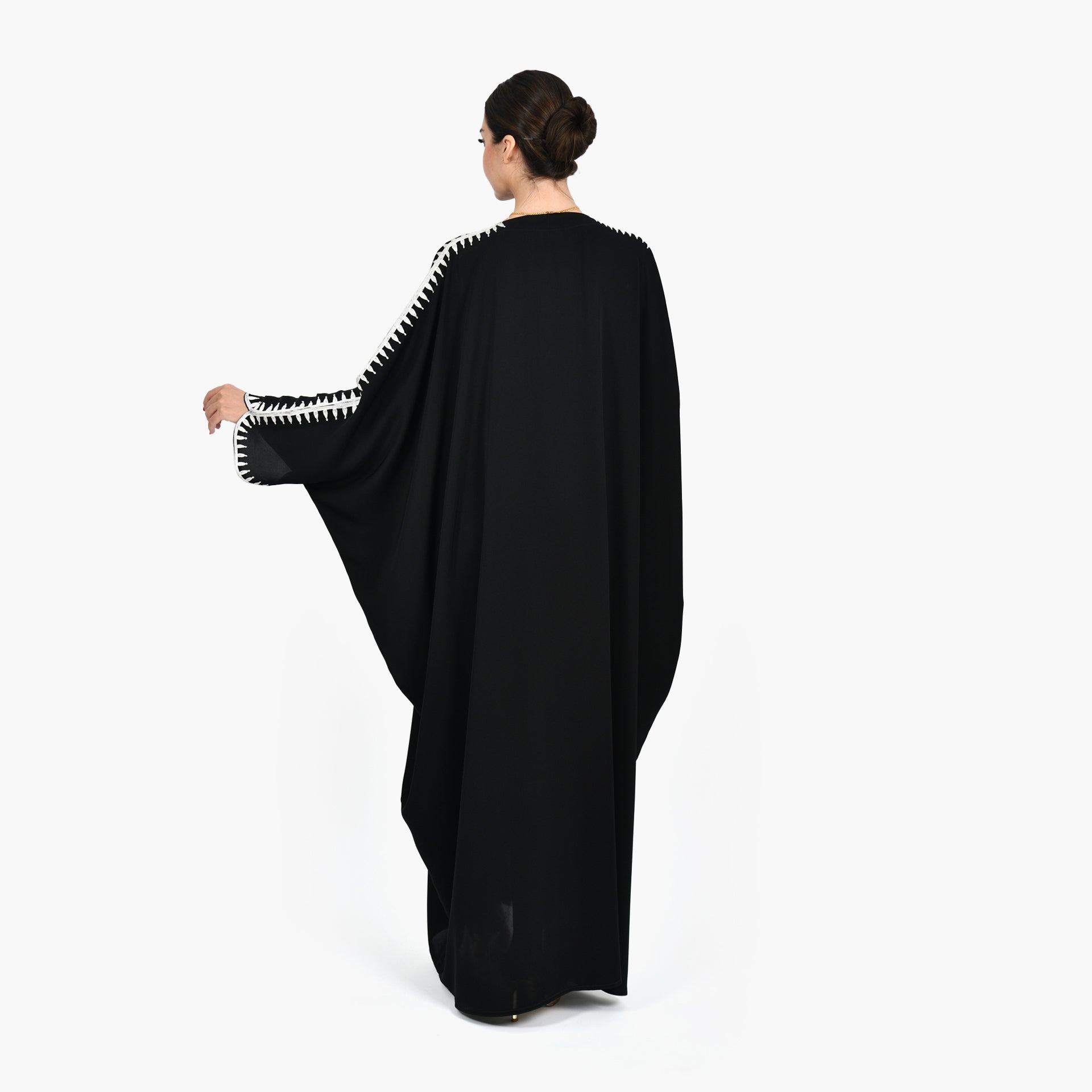 Black Abaya with White Embroidery and Black Tarha by Shmokh Abaya - WECRE8