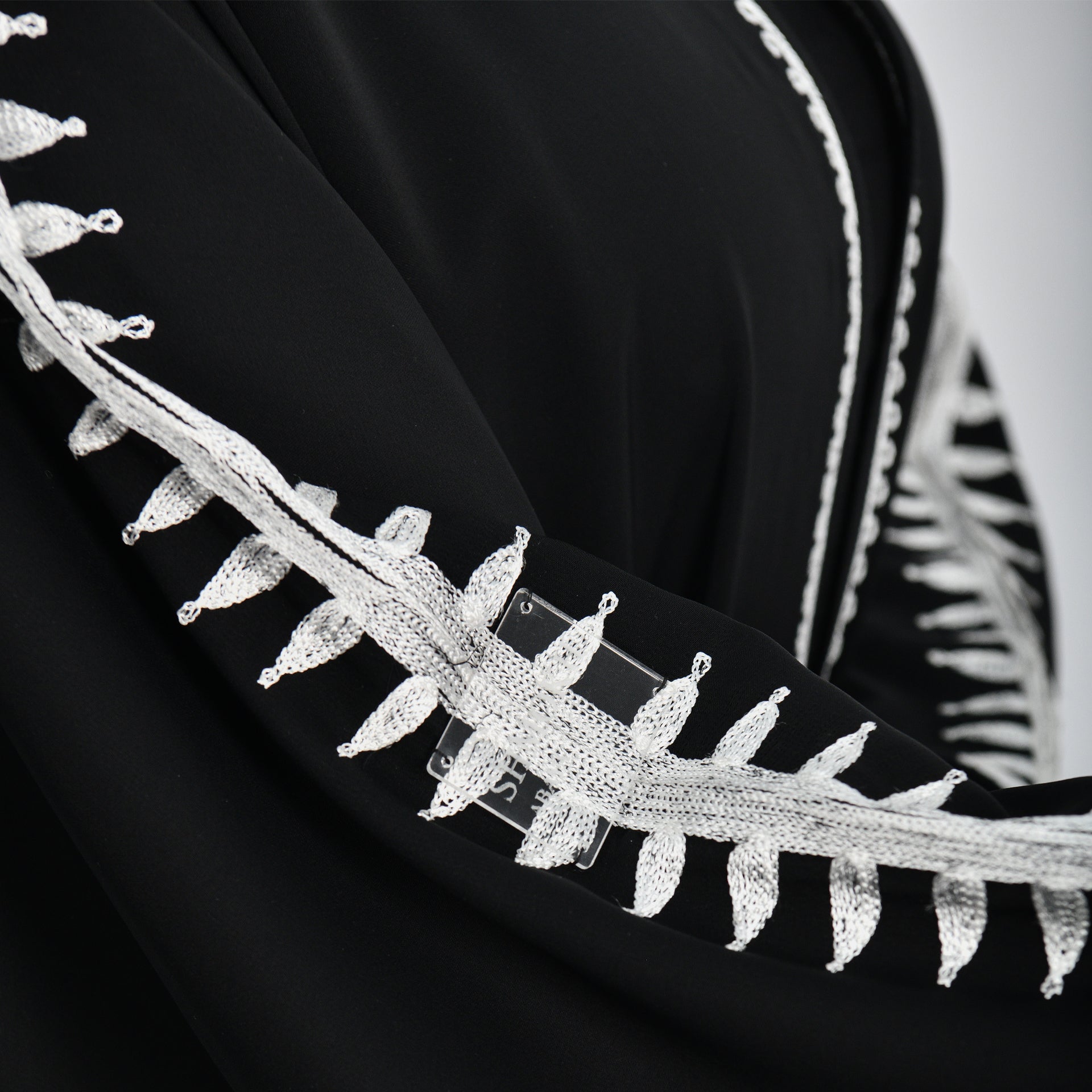 Black Abaya with White Embroidery and Black Tarha by Shmokh Abaya - WECRE8