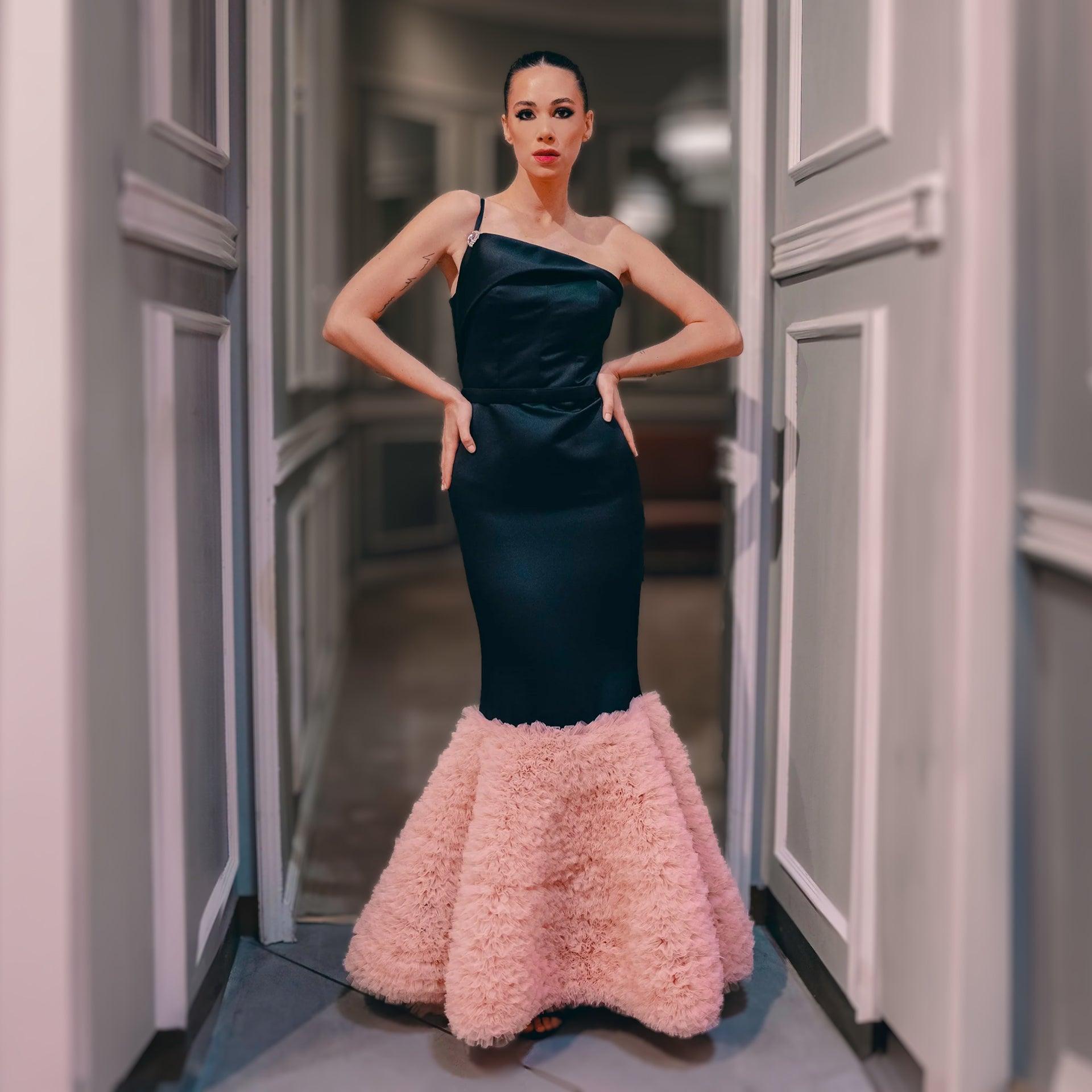 Black & Pink Asymmetric Satin Gown With Mermaid Ruffle bottom From AAVVA - WECRE8