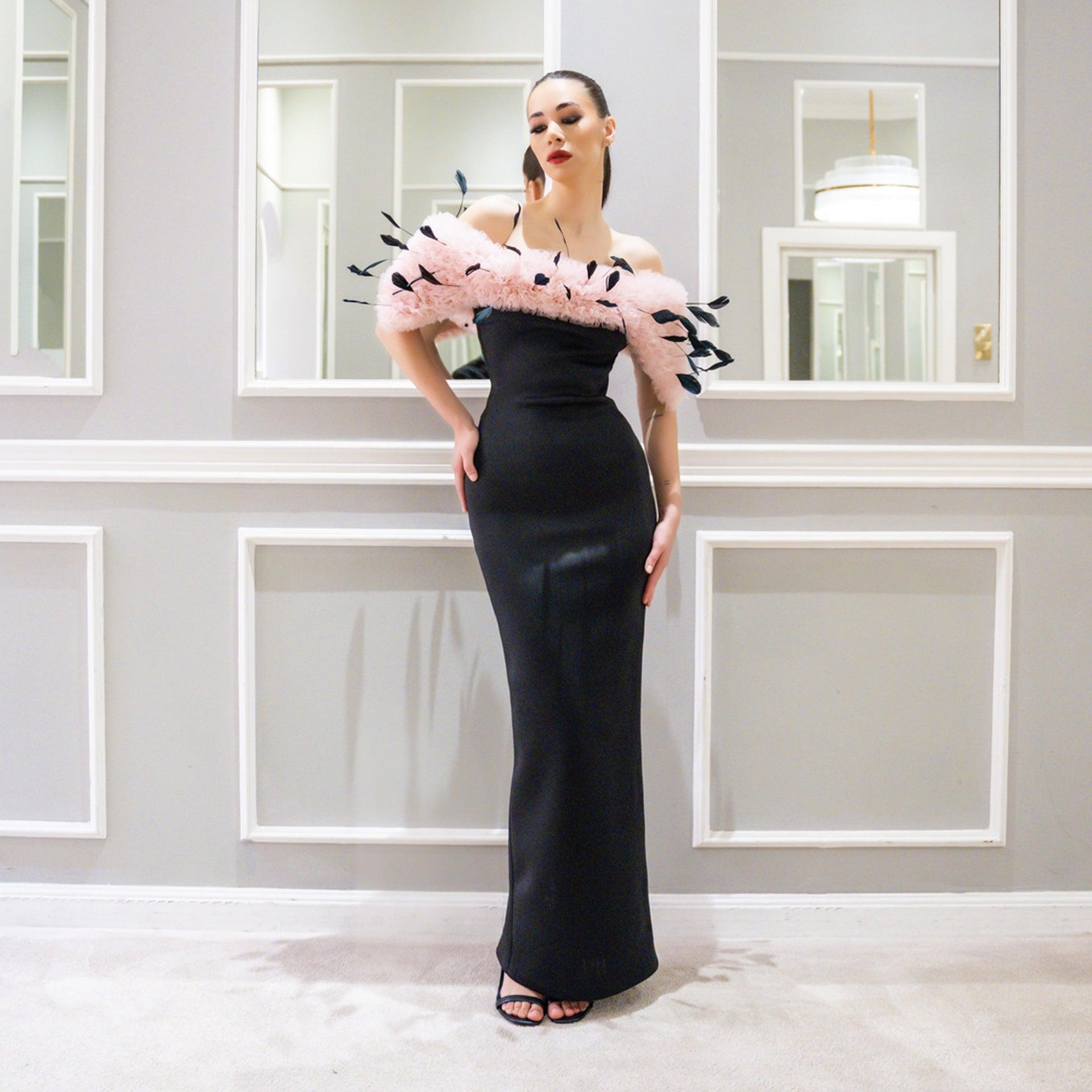 Black & Pink Neoprene Bodycon Dress With Ruffles And Feather Off Shoulder By AAVVA - WECRE8