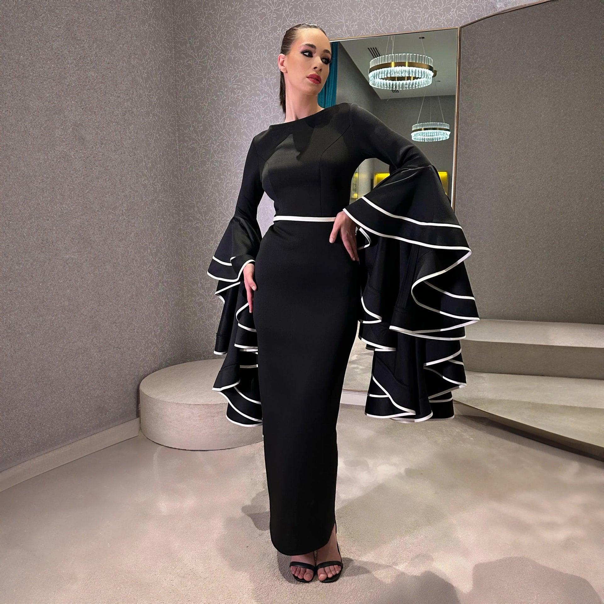 Black and White Fitted Neoprene Gown With Oversized Bell Satin Sleeves By AAVVA - WECRE8