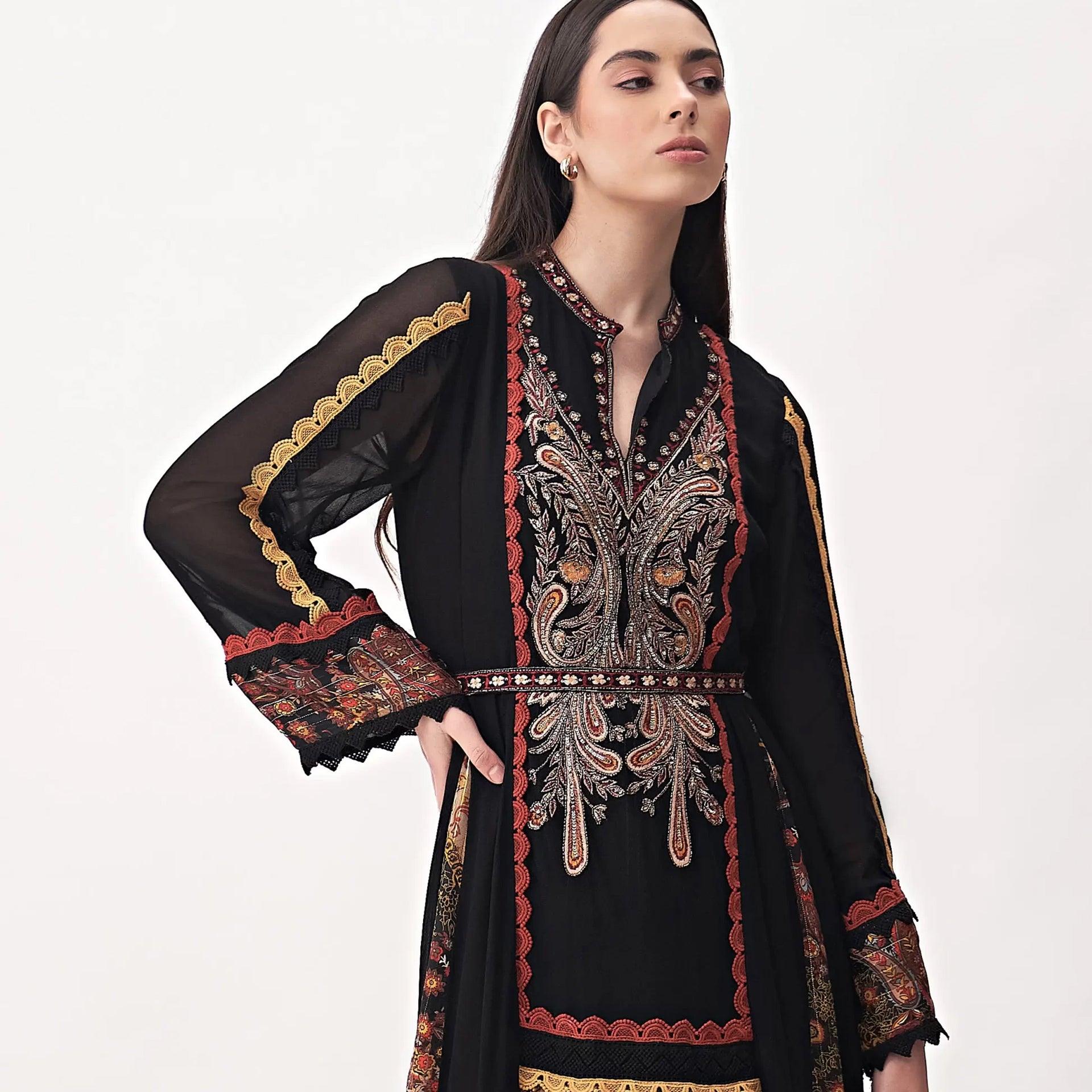 Black Embroidery Eozal Dress with Long Sleeves And Mixed Material From Shalky - WECRE8