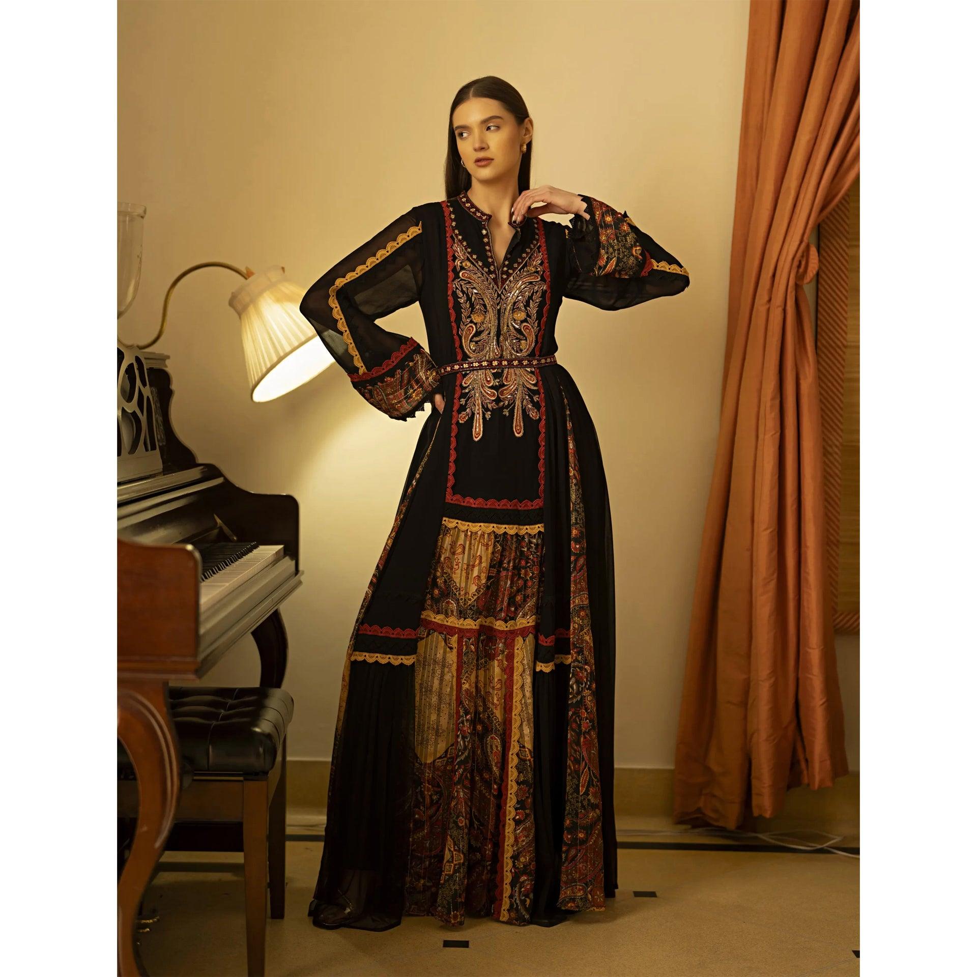 Black Embroidery Eozal Dress with Long Sleeves And Mixed Material From Shalky - WECRE8