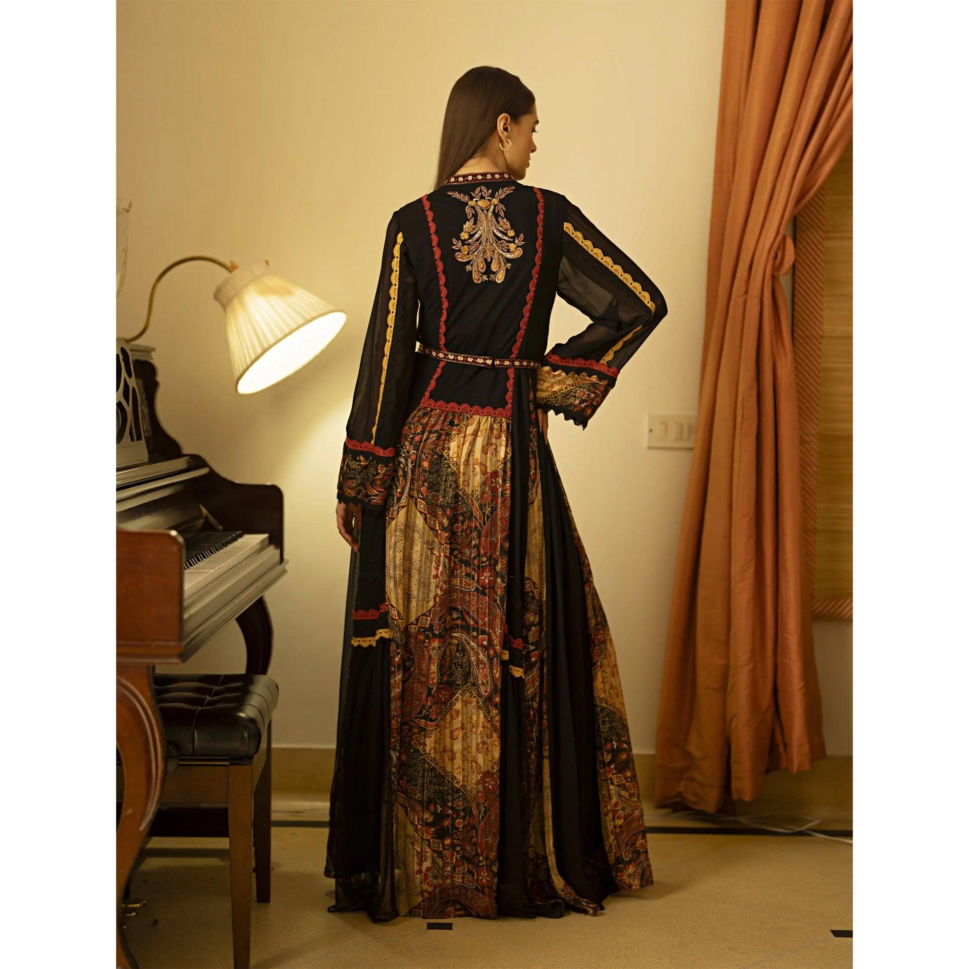 Black Embroidery Eozal Dress with Long Sleeves And Mixed Material From Shalky - WECRE8