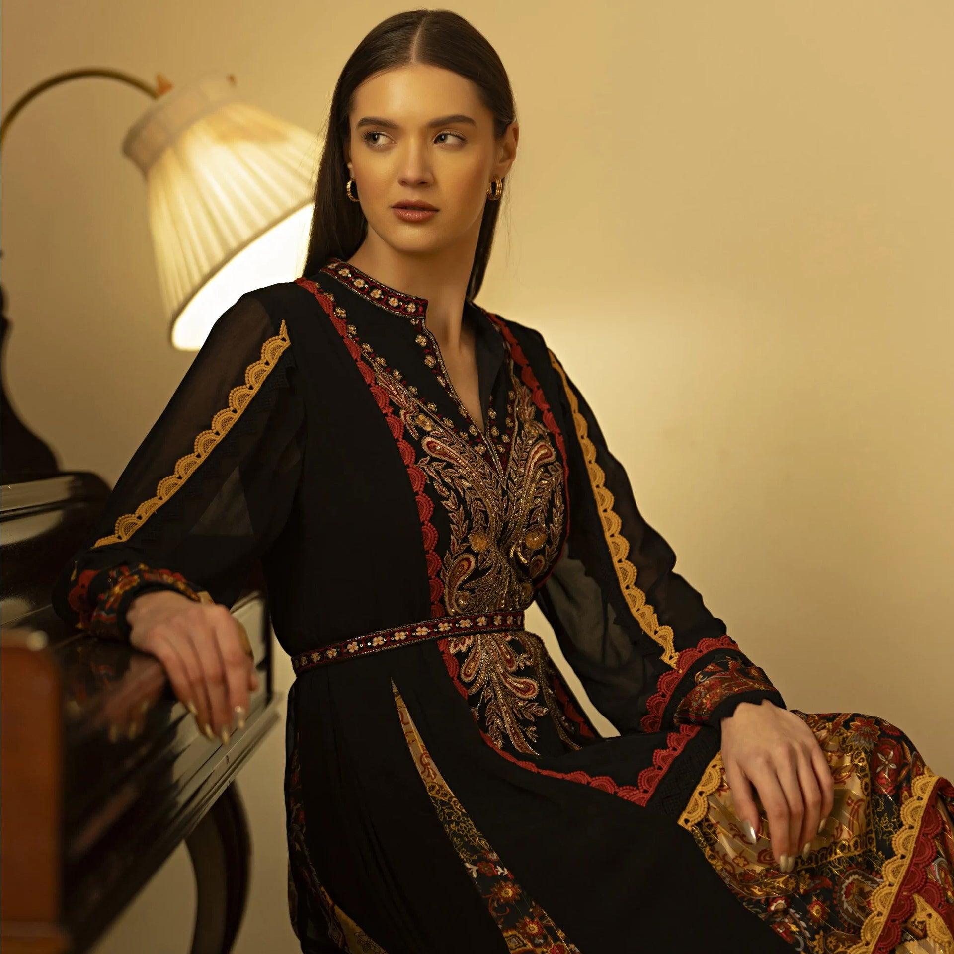 Black Embroidery Eozal Dress with Long Sleeves And Mixed Material From Shalky - WECRE8