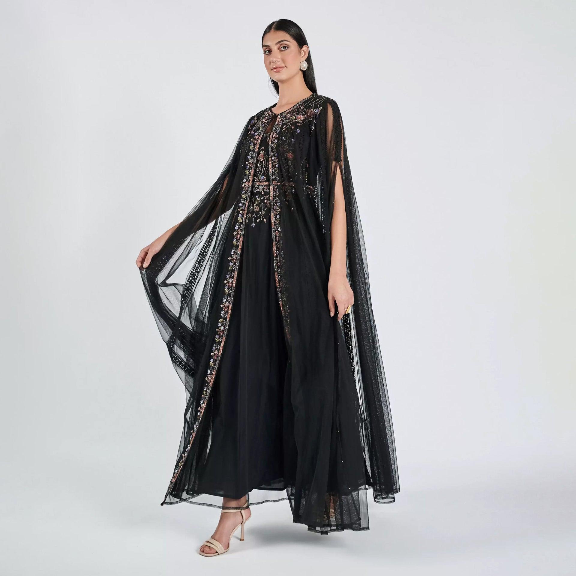 Black Embroidery Sleeveless Dress with Chiffon Cape From Shalky - WECRE8