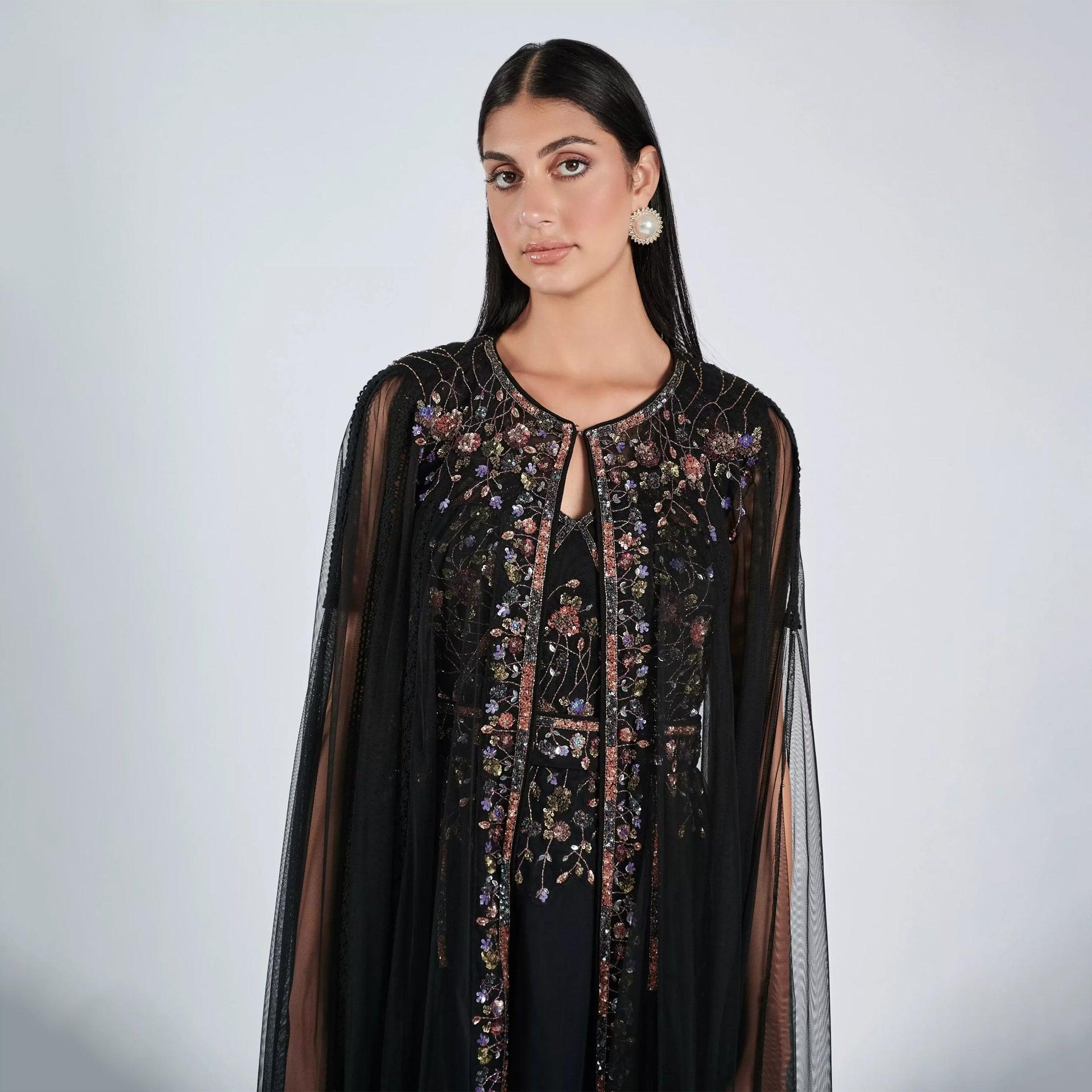 Black Embroidery Sleeveless Dress with Chiffon Cape From Shalky - WECRE8