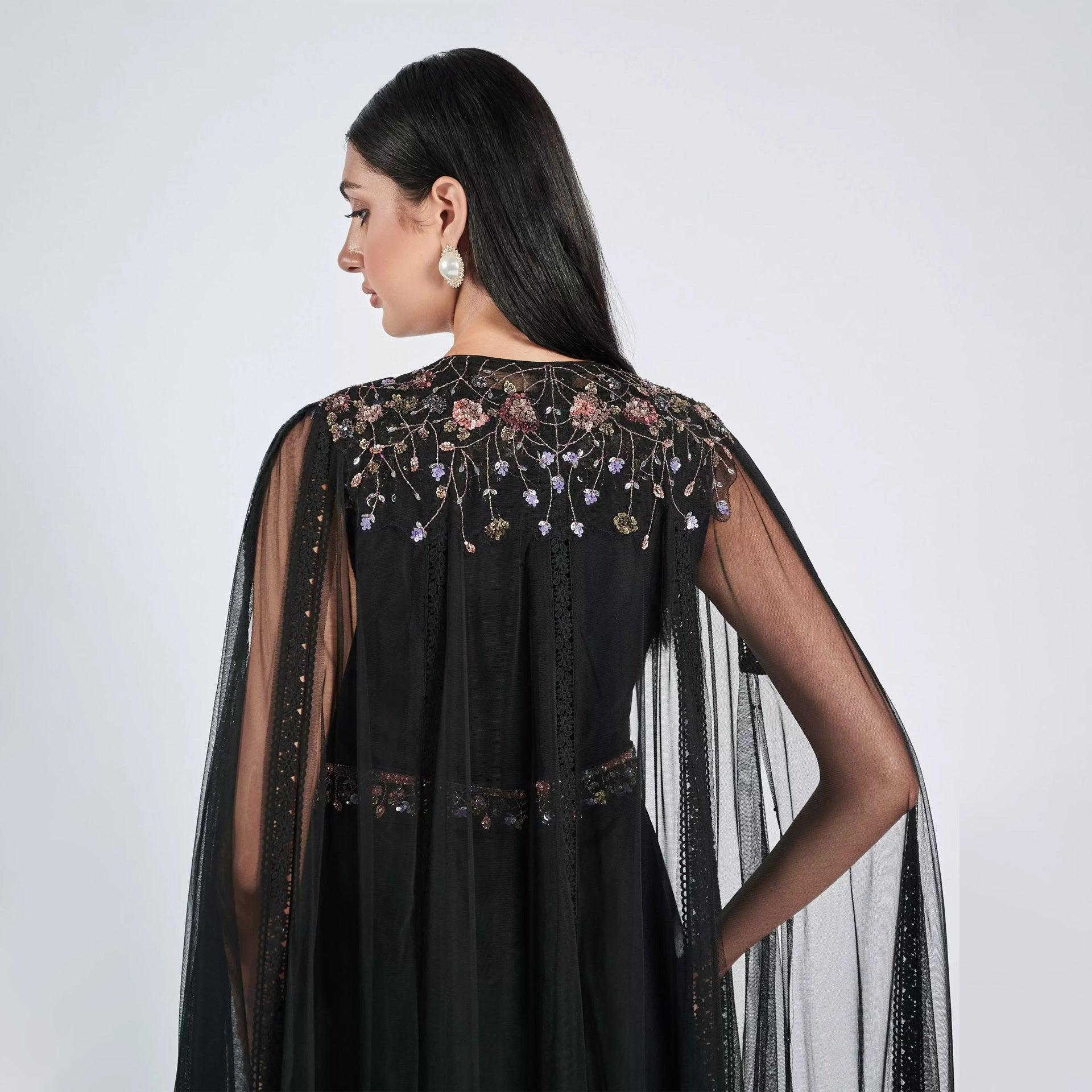 Black Embroidery Sleeveless Dress with Chiffon Cape From Shalky - WECRE8