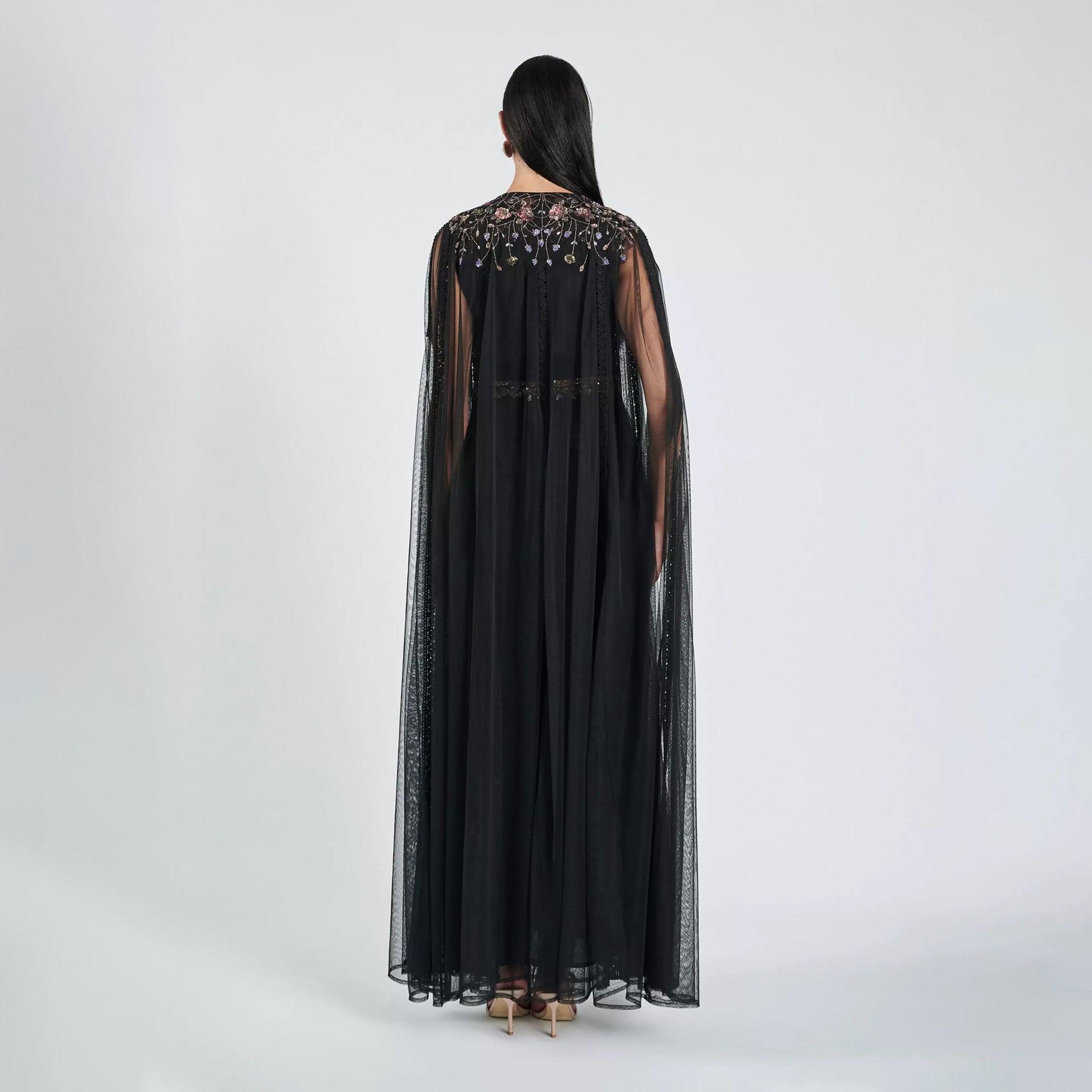 Black Embroidery Sleeveless Dress with Chiffon Cape From Shalky - WECRE8