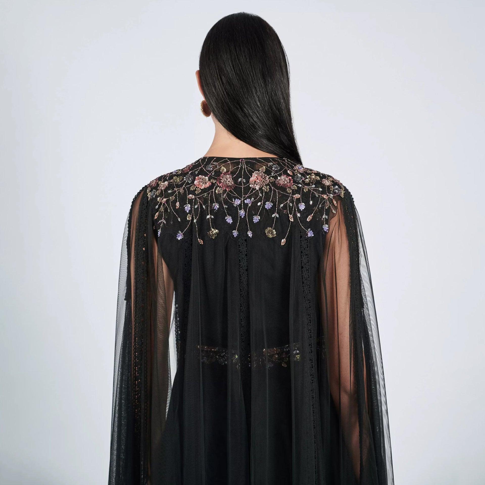 Black Embroidery Sleeveless Dress with Chiffon Cape From Shalky - WECRE8